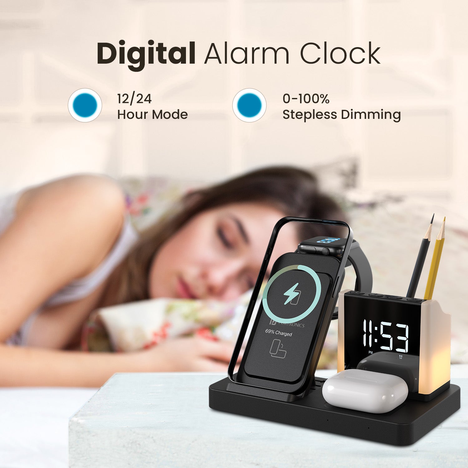 portronics hexacharge wireless charging dock with alarm clock| best wireless charger with clock for desk and workspace| digital alarm clock desktop wireless charger with led light| wireless charger with clock charging docking station 6 in 1 wireless charger