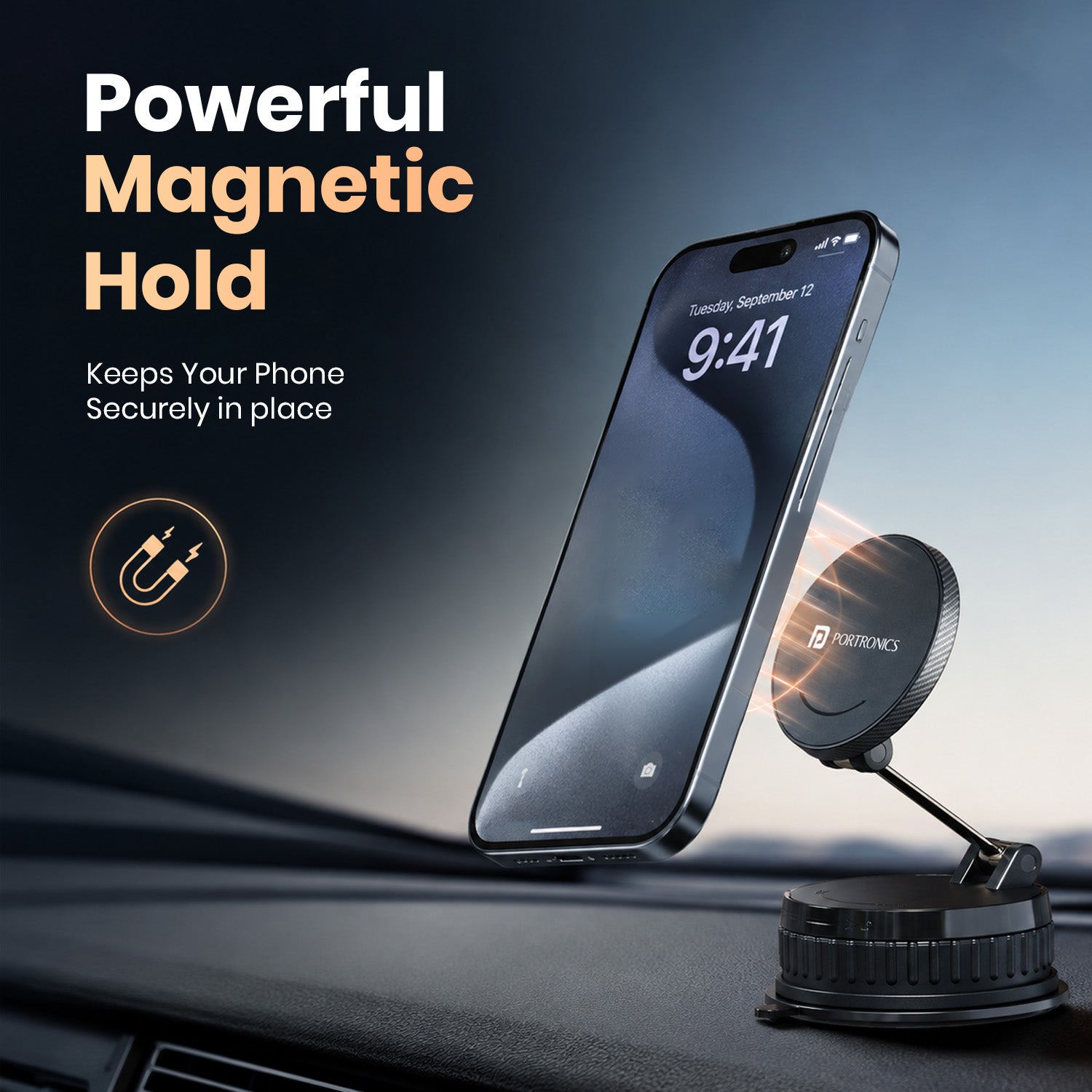 portronics hold x prime magnetic phone stand | strong magsafe alignment magsafe mobile holder | dashboard navigation placement car mobile holder | magnetic phone holder best phone holder for navigation while driving in india