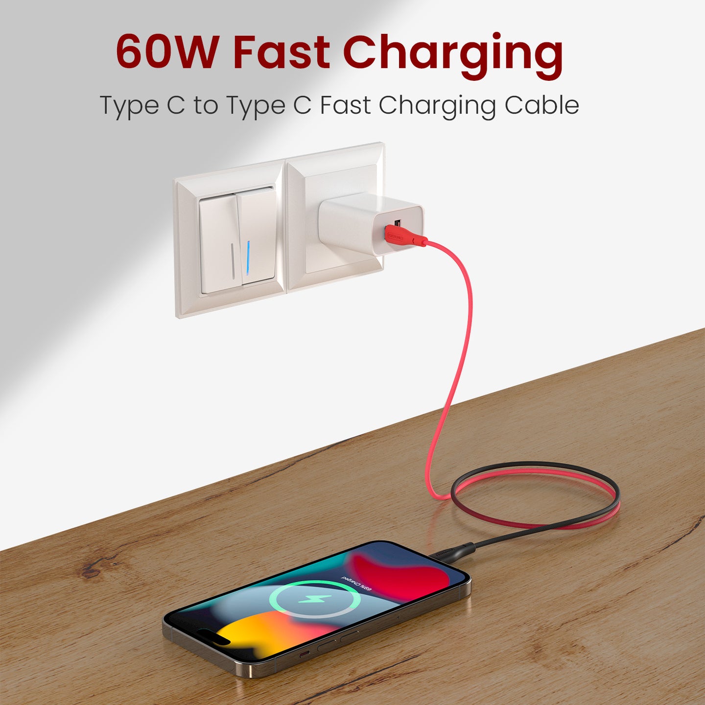 Portronics HUE X - Type C To Type C 60W 1M, Black+Red thumbnail 2