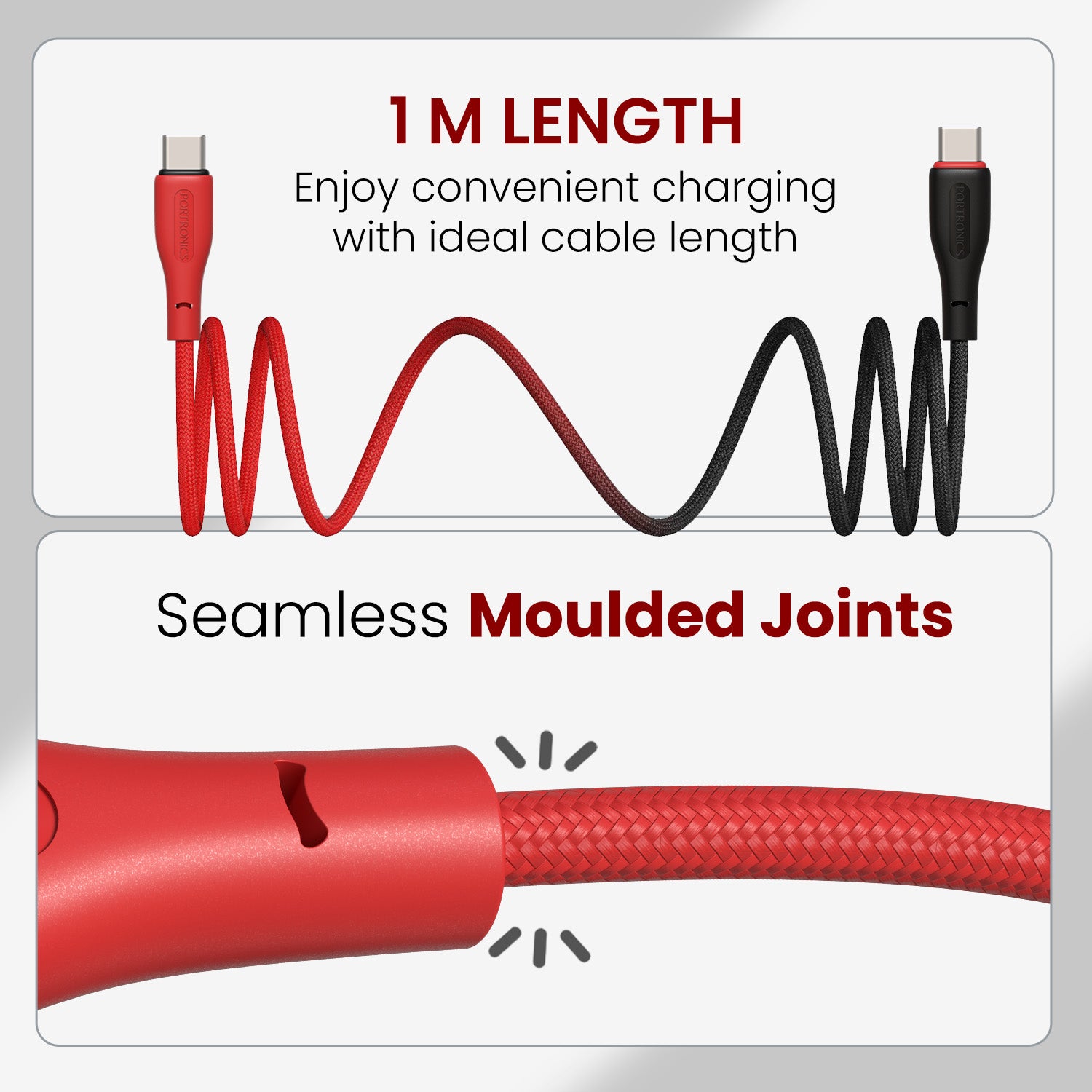 Black portronics hue x type c cable for smart devices | 480mbps data speed for smooth backups and syncing | 1m type c cable for smartphones tablets laptops and power banks