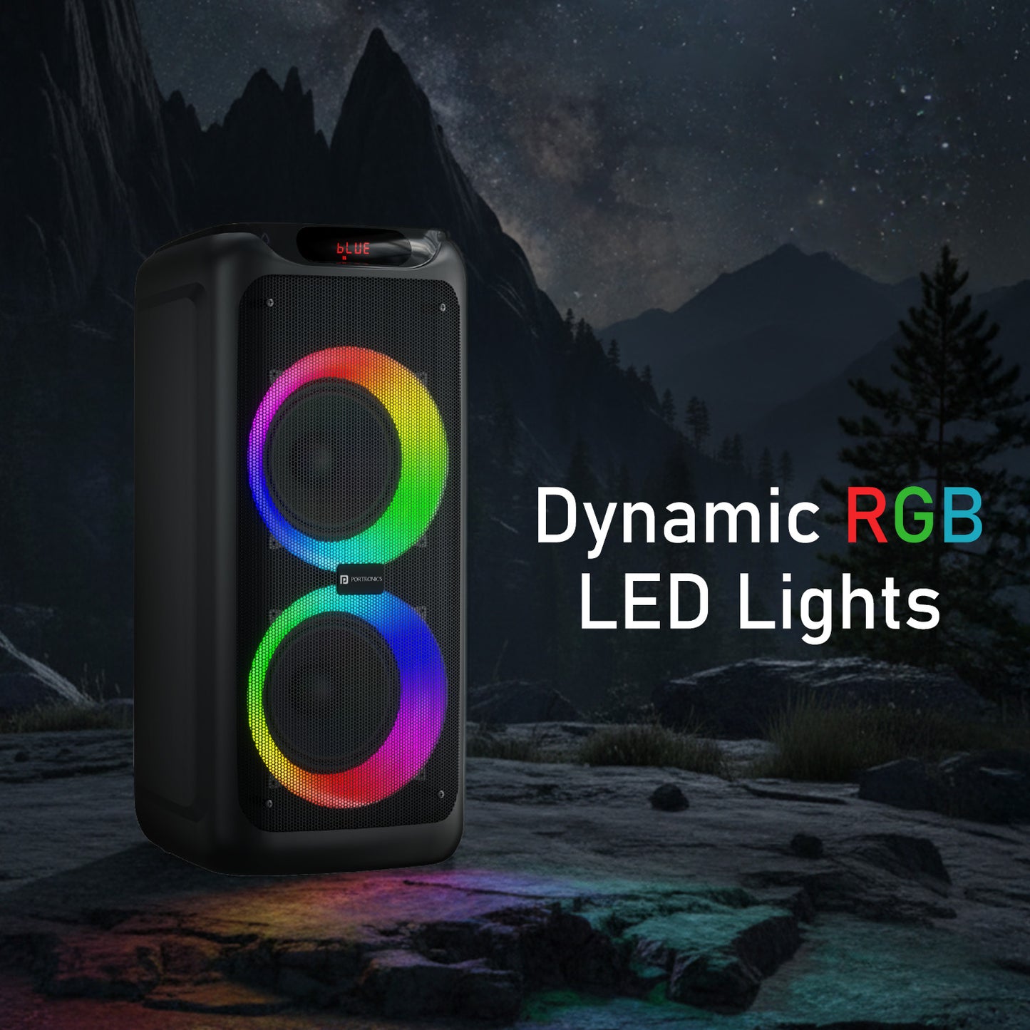 portronics iron beats 5 speaker with mic included | 150w bluetooth speaker with rgb led party lights tws mode and portable rechargeable design for indoor and outdoor entertainment