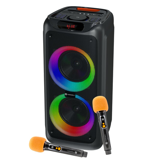 portronics iron beats 5 wireless party speaker with 150w high power output and dual 8 inch bass drivers featuring dynamic rgb led ring lights | bluetooth party speaker with dual wireless microphone for karaoke and live performances