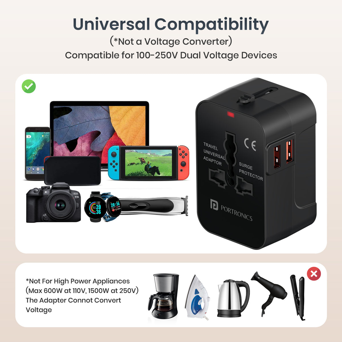 portronics juicemate 2 pro 100-250v travel adapter | wide range one hundred to two hundred fifty volt electrical compatibility with active power indicator led indicator travel adapter | powering dual voltage cameras mobile phones and handheld gaming consoles smartphone travel adapter | which dual voltage devices are compatible with a 100-250v travel adapter