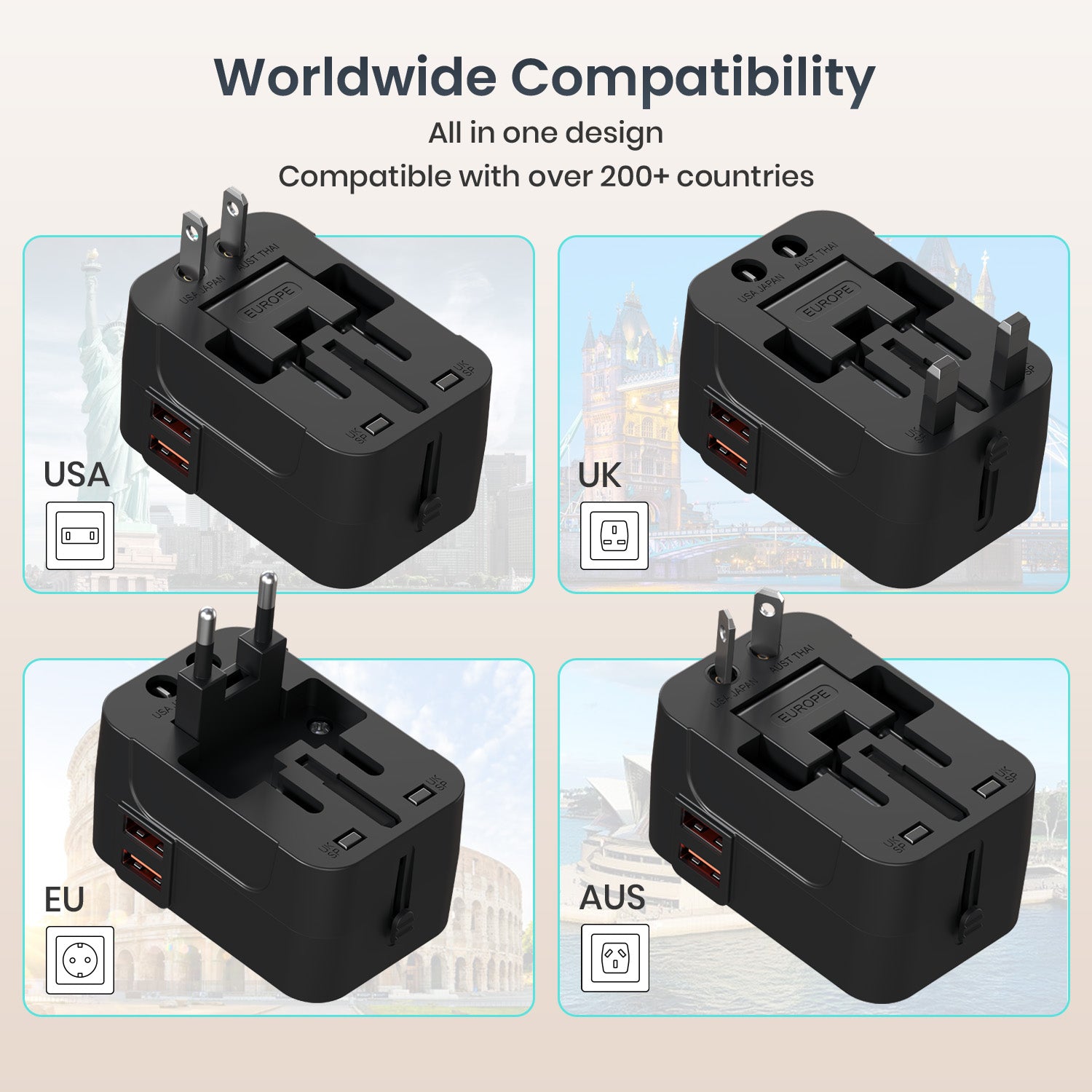 portronics juicemate 2 pro 200+ country travel adapter | patented slider selector mechanism deploying dedicated prongs for usa uk europe and australia international plug adapter | seamless electrical connectivity across two hundred plus destinations universal travel adapter | how to switch slider pins on a 200+ country travel adapter