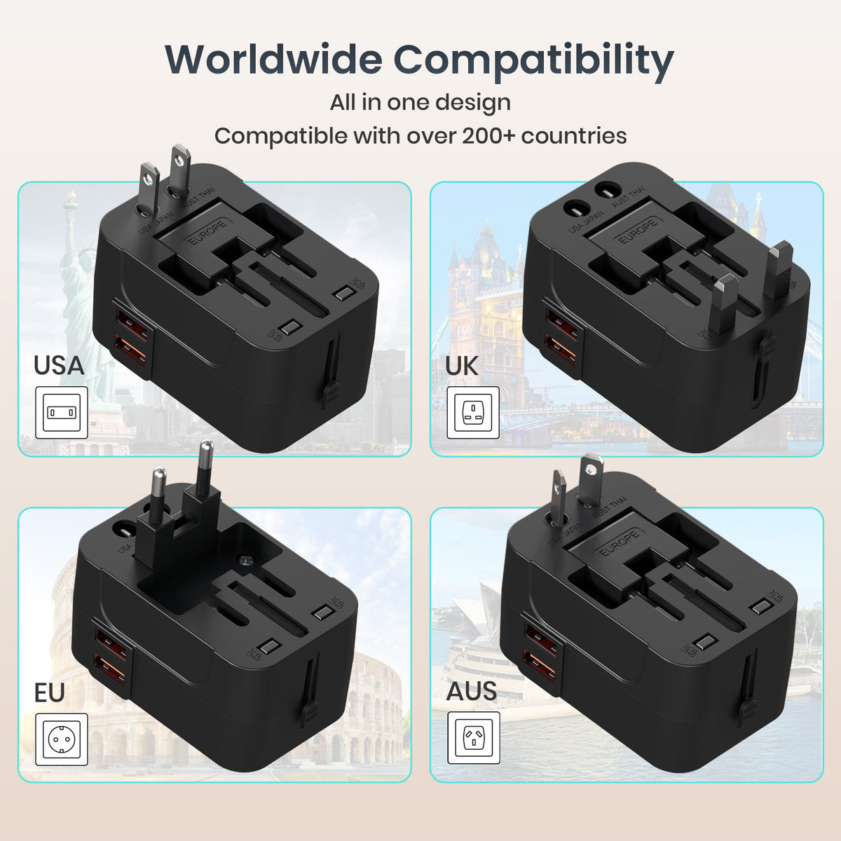 portronics juicemate 2 pro 200+ country travel adapter | patented slider selector mechanism deploying dedicated prongs for usa uk europe and australia international plug adapter | seamless electrical connectivity across two hundred plus destinations universal travel adapter | how to switch slider pins on a 200+ country travel adapter