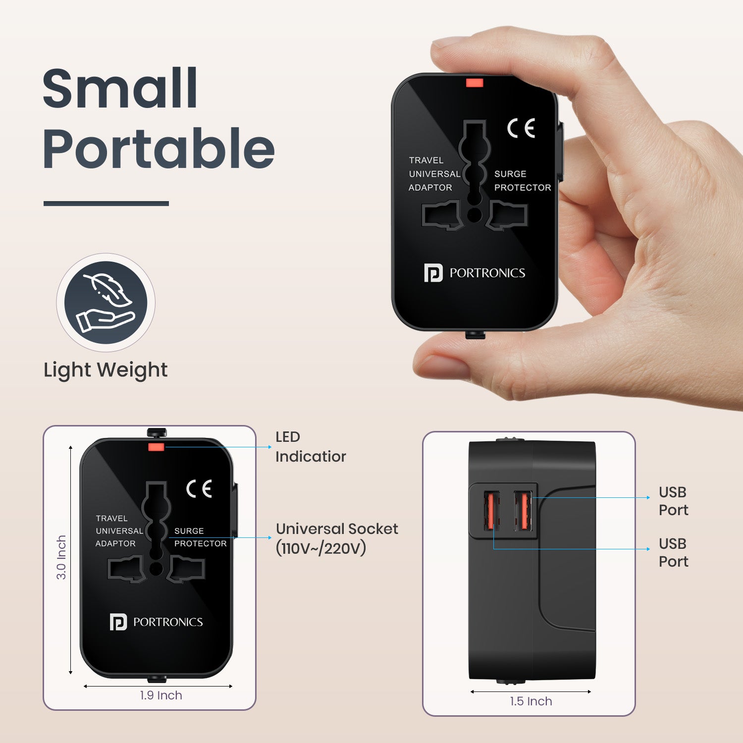 portronics juicemate 2 pro compact travel adapter | ultra lightweight palm-sized chassis measuring fifty by seventy-five millimeters portable travel adapter | fitting effortlessly inside pockets handbags and carry-on luggage travel accessories | how small is a compact travel adapter for carry-on luggage