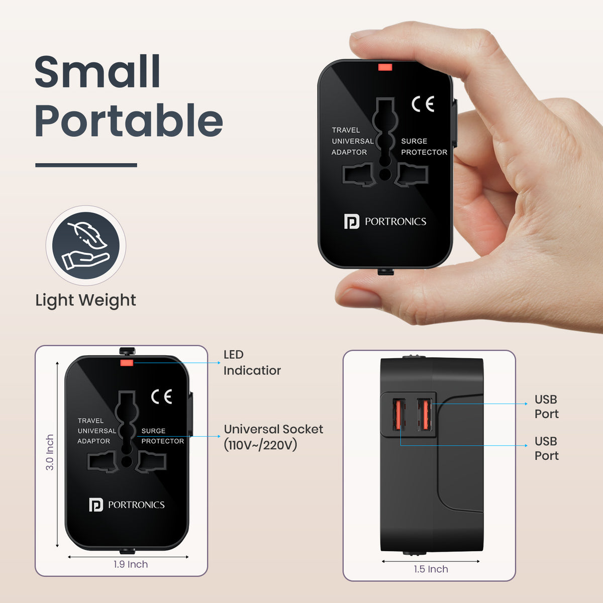 portronics juicemate 2 pro compact travel adapter | ultra lightweight palm-sized chassis measuring fifty by seventy-five millimeters portable travel adapter | fitting effortlessly inside pockets handbags and carry-on luggage travel accessories | how small is a compact travel adapter for carry-on luggage