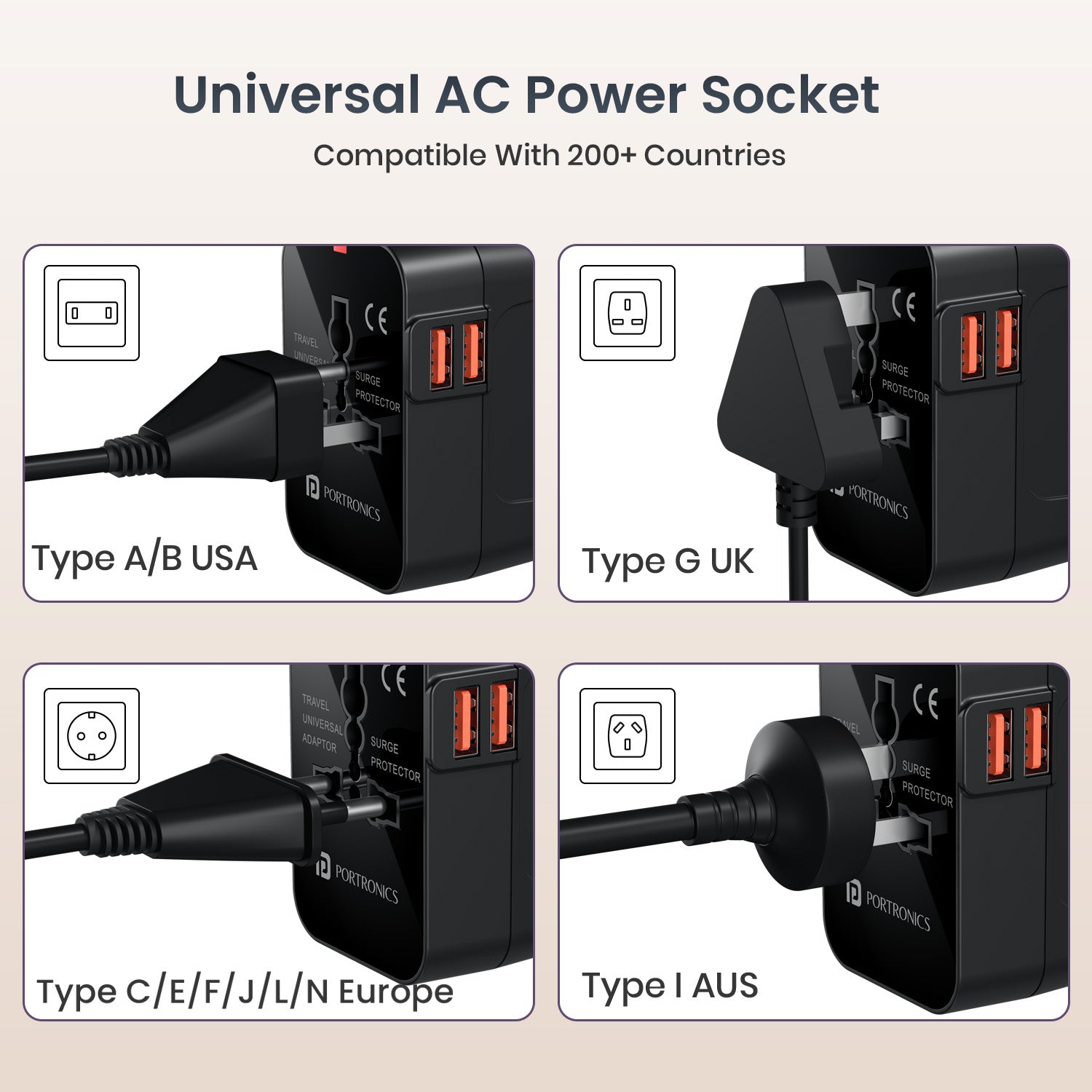 portronics juicemate 2 pro universal plug adapter | universal front ac socket interface accommodating usa uk europe and australia pin standards multi country travel adapter | plugging foreign electrical appliances into wall sockets worldwide travel plug adapter | which universal plug adapter supports usa uk europe and australia sockets