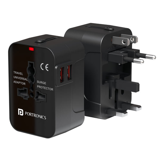 portronics juicemate 2 pro universal travel adaptor | multi-pin slider mechanism combined with universal ac socket and dual usb ports worldwide travel adapter | powering diverse appliances across multiple international wall outlets international travel adapter | best universal travel adaptor with dual usb ports for international trips