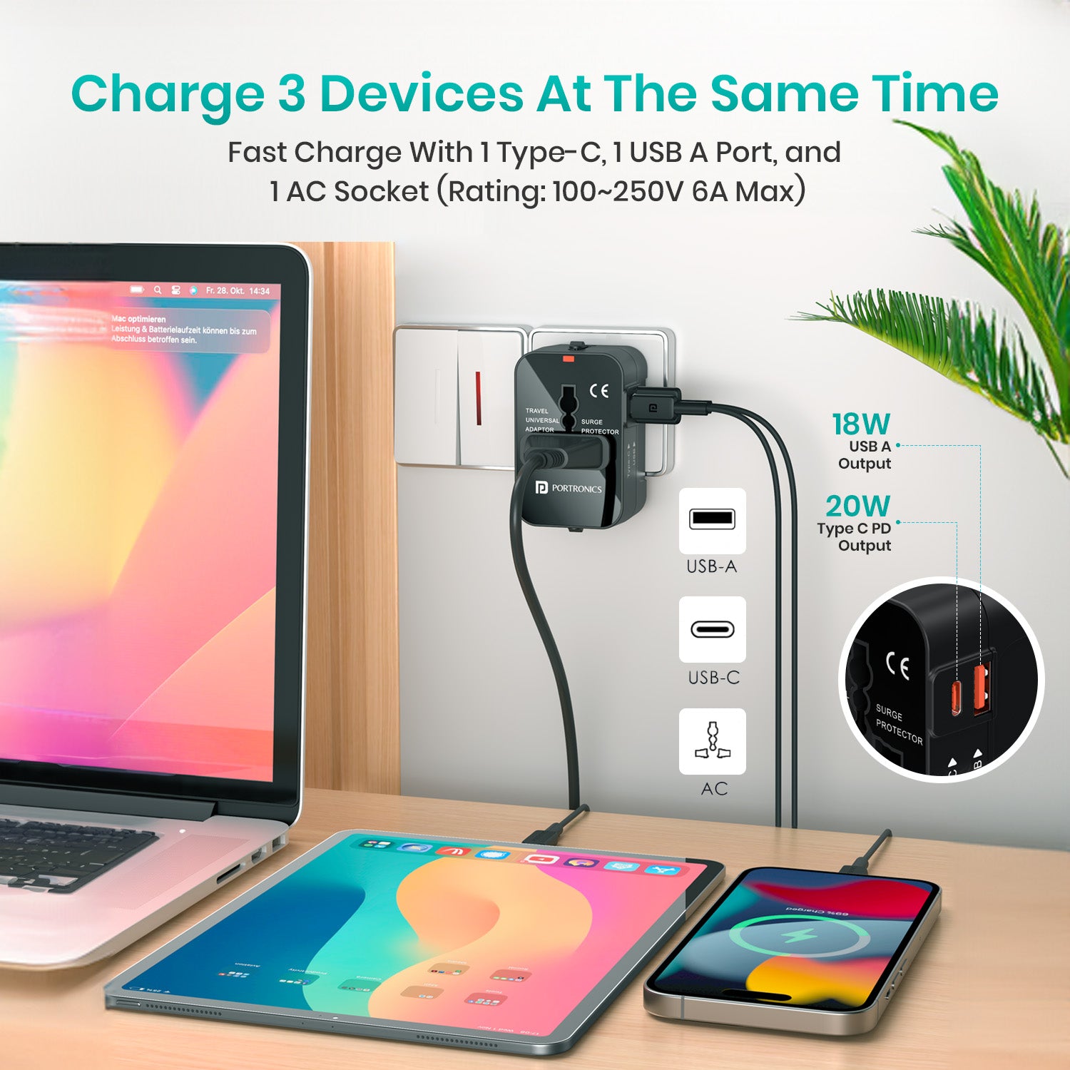portronics juicemate dual charger adapter with 20w type c and 18w usb output | charge 3 devices simultaneously with type c pd usb a and ac socket rated 100-250v 6a | best fast charge dual charger adapter for mobile laptop and tablet | best universal travel adapter charger for multiple devices