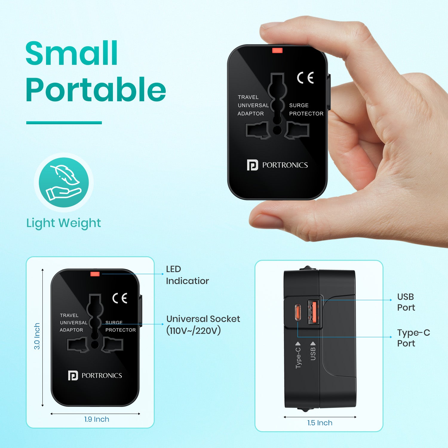 portronics juicemate small portable universal travel adapter | lightweight compact charger adapter with led indicator universal socket usb port and type c port | best travel adapter for mobile charger and type c laptop charger on the go | best compact portable universal adaptor plug online