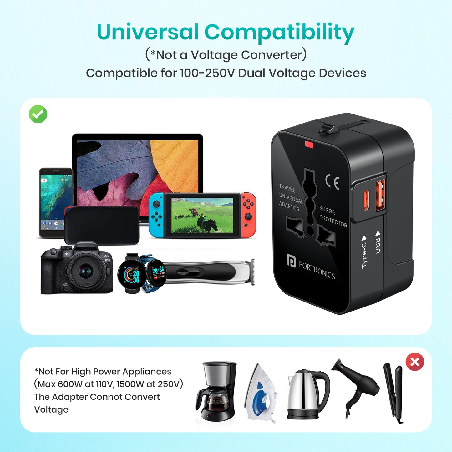portronics juicemate worldwide compatible universal travel adapter for usa uk eu and australia | all-in-one universal adaptor plug compatible with over 200 countries | best portronics travel adapter with type a type g type c type e type f plug support | best universal travel adapter for global use online