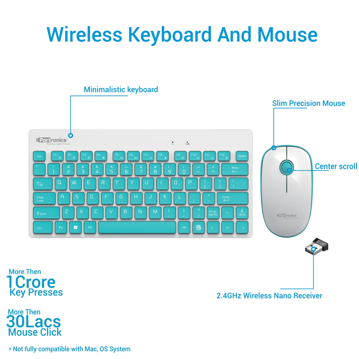 White portronics key2 combo multimedia wireless keyboard and mouse | tkl mini keyboard for laptop and computer use | wireless laptop keyboard, keyboard mouse combo