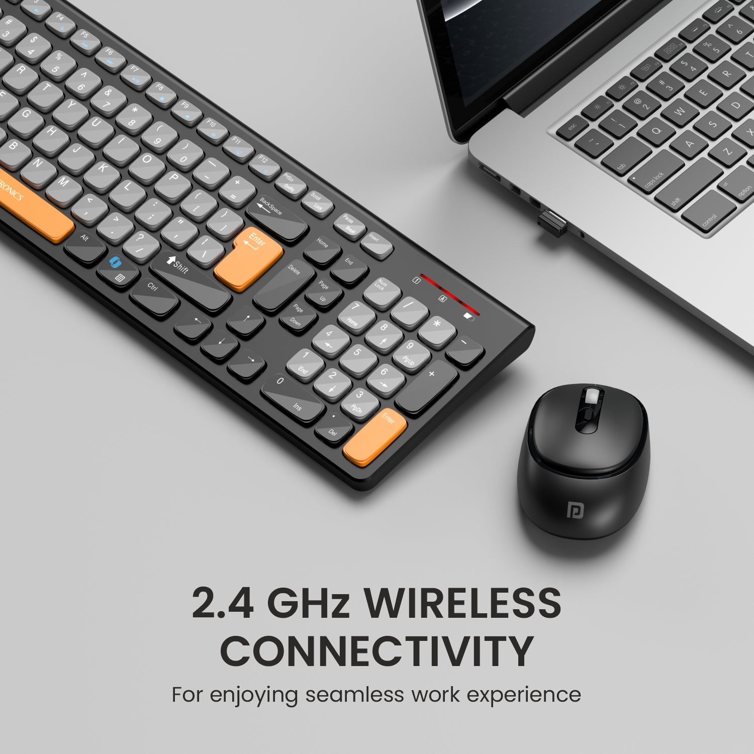 Grey +Orange portronics key7 combo 2.4 ghz wireless laptop keyboard with usb plug-and-play receiver for windows and mac