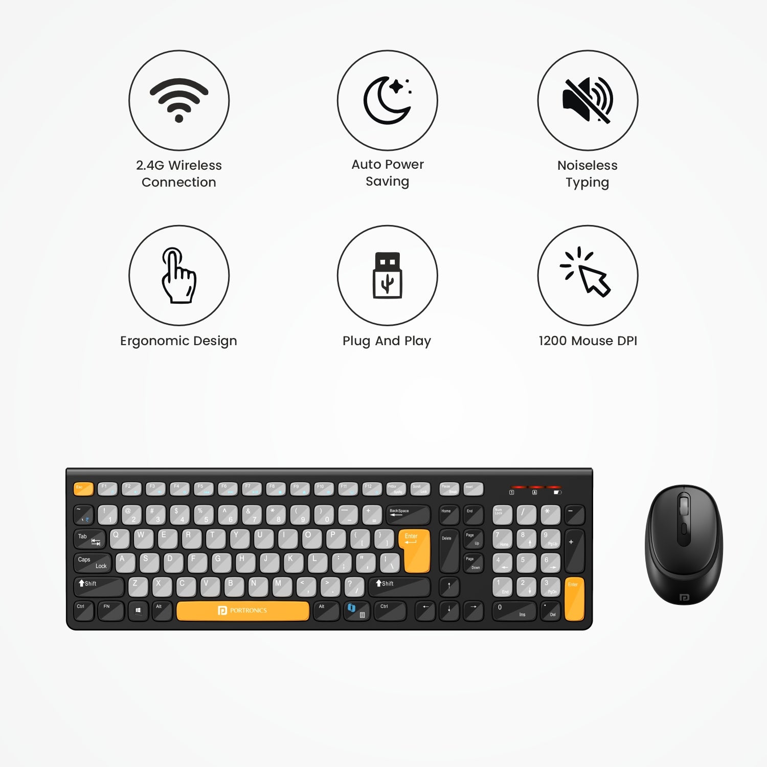 Grey +Orange portronics key7 combo wireless mouse and keyboard combo with 2.4 ghz connectivity for macbook and laptop
