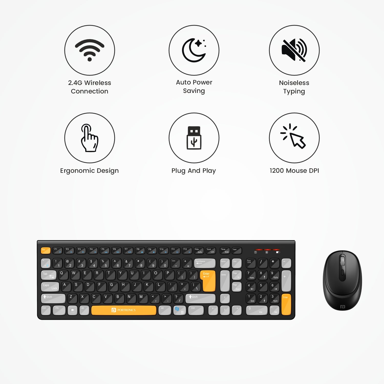 Black +Orange portronics key7 combo features – 2.4g wireless, auto power saving, noiseless typing, ergonomic design, plug and play, 1200 dpi optical mouse