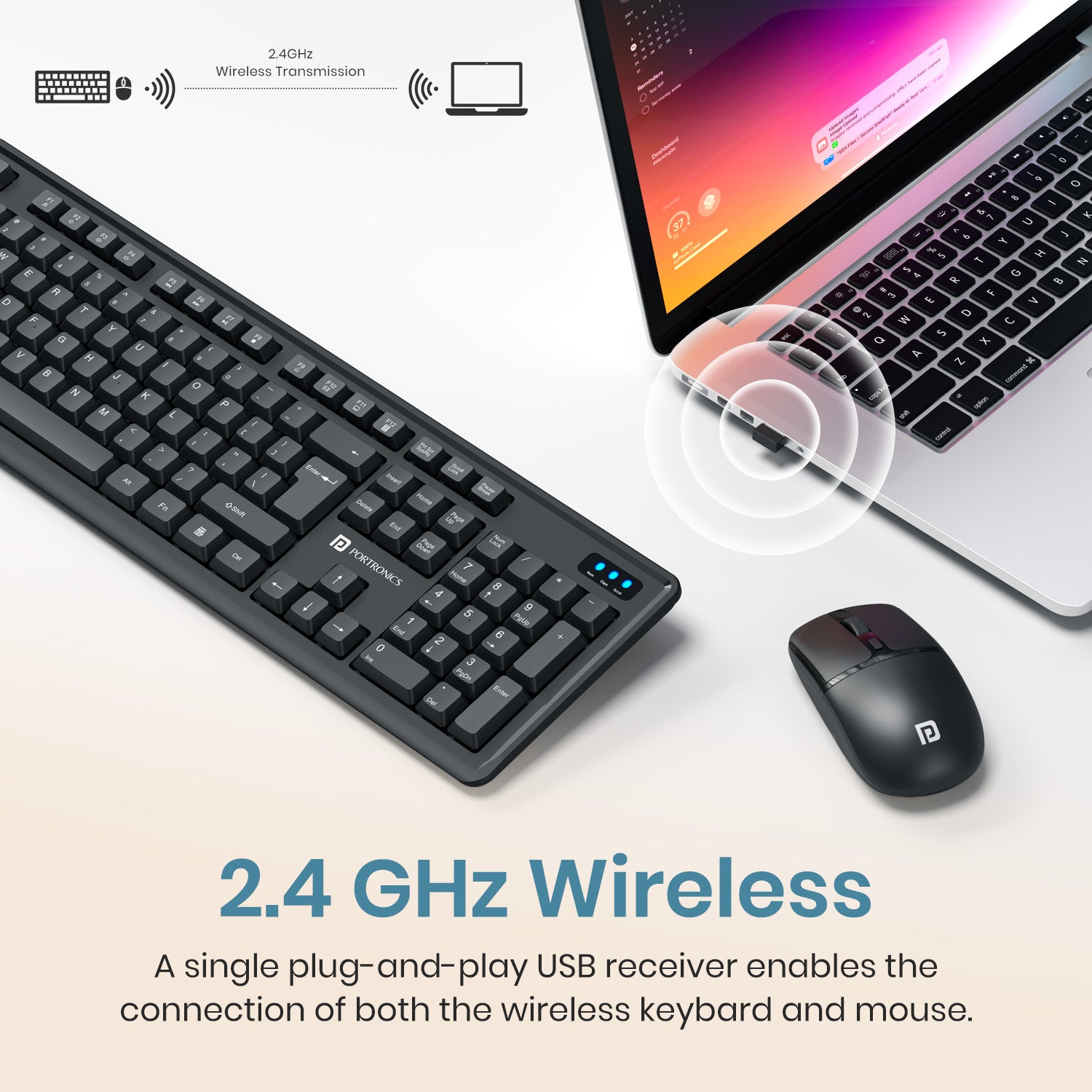 portronics key air combo 2.4ghz wireless keyboard | reliable lag-free connection usb wireless keyboard | clutter free desk setup computer | portronics key air combo