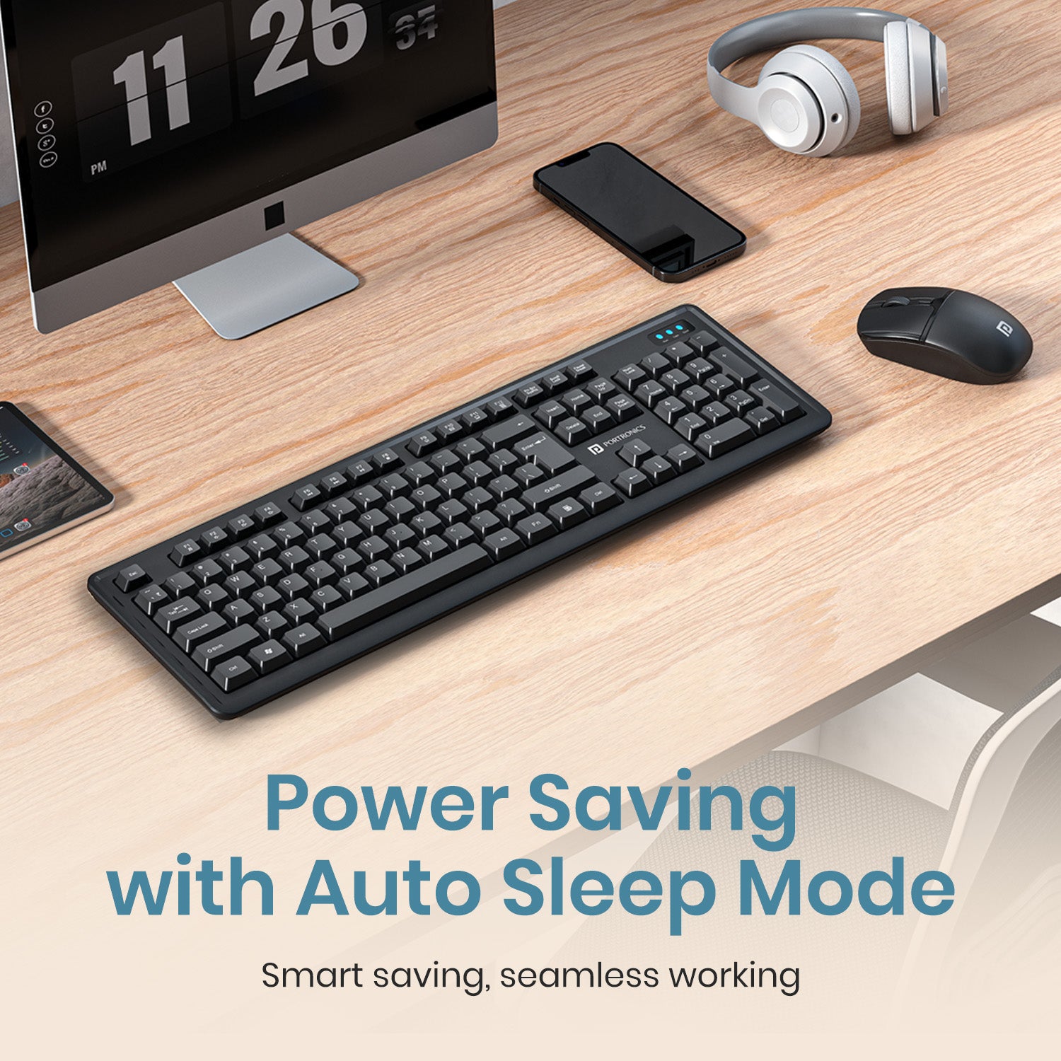 portronics key air combo wireless keyboard | smart power saving auto sleep keyboard | office desktop usage computer keyboard and mouse | plug and play keyboard mouse