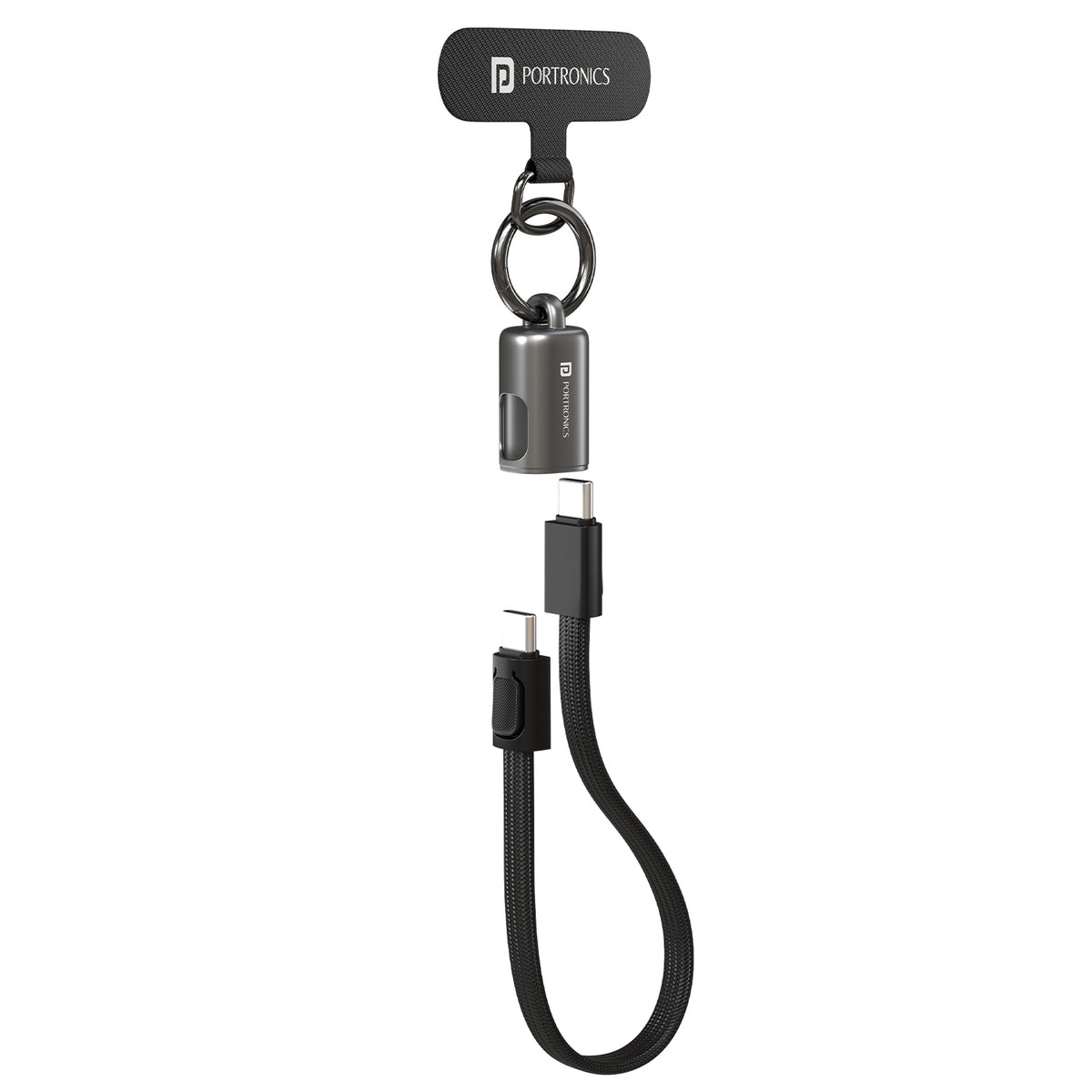 Black portronics keylink c short type c cable | detachable phone case anchor card and metal hook usb keychain cable | anti loss mobile accessory attachment for bags travel charging cable | best clip on keychain type c to type c cable for daily travel