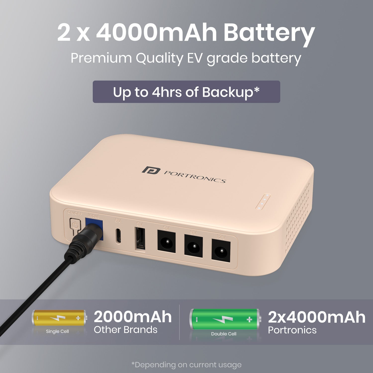 portronics kinetics 8k 8000mah power bank with 2x4000mah premium ev grade battery offering up to 4 hours backup | best power bank for wifi router and ont fiber devices india | durable power bank with double cell capacity vs other brands