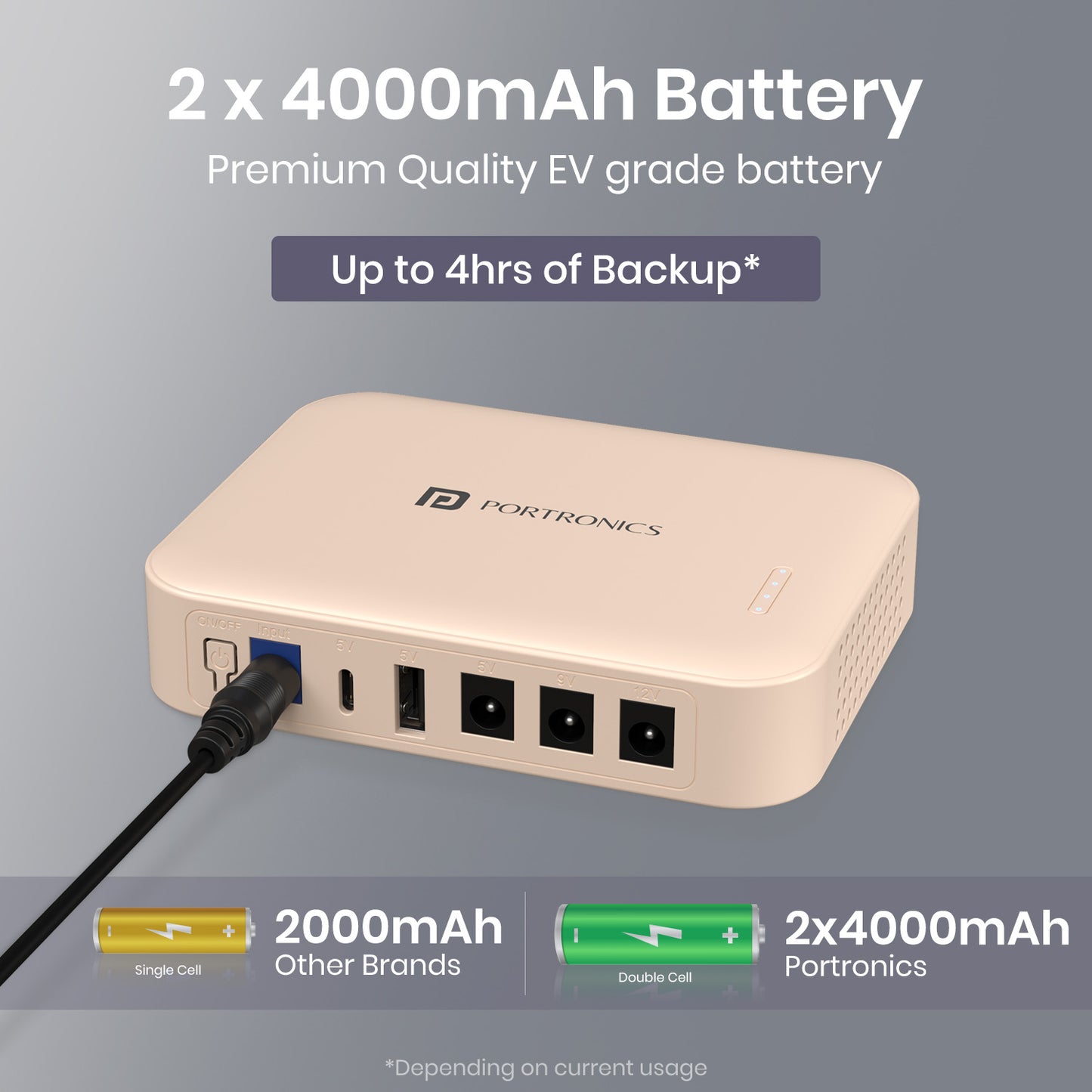 portronics kinetics 8k 8000mah power bank with 2x4000mah premium ev grade battery offering up to 4 hours backup | best power bank for wifi router and ont fiber devices india | durable power bank with double cell capacity vs other brands