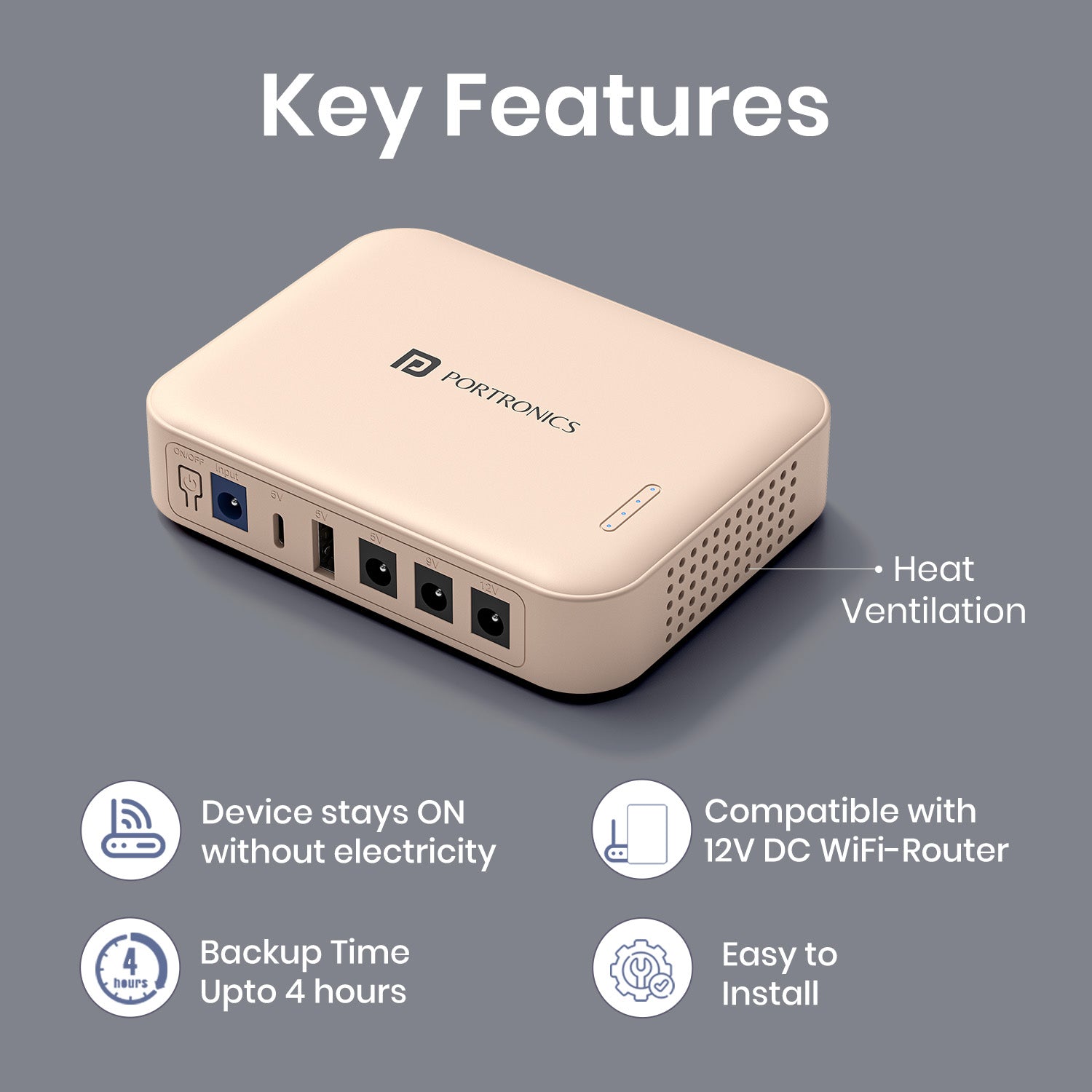 portronics kinetics 8k mini ups key features including heat ventilation device stays on without electricity 12v dc wifi router compatibility and easy to install | best powerbank for mobile router and modem | pocket power bank with fast charging and smart safety features india