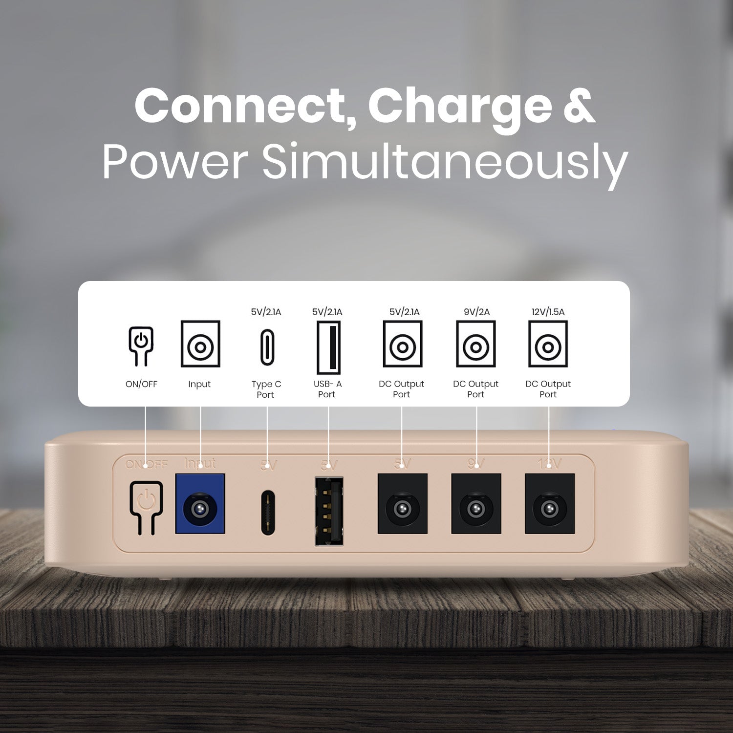 portronics kinetics 8k mini ups connect charge and power simultaneously with on off input type-c usb-a and three dc output ports | fast charging powerbank with 5v 9v and 12v output | best power bank for router modem and mobile devices india