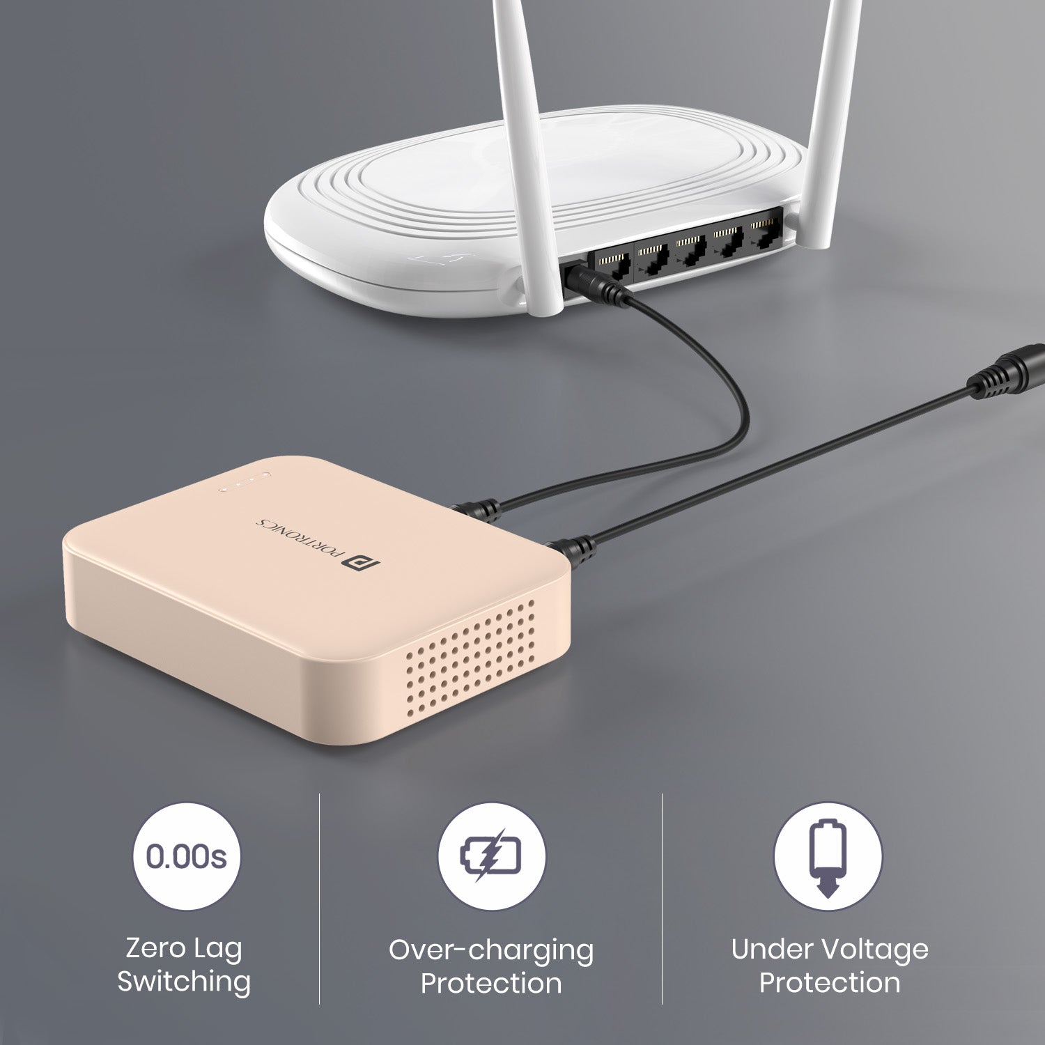 portronics kinetics 8k router ups connected to wifi router with zero lag switching over-charging protection and under voltage protection | best power bank in india for broadband and home internet backup | power bank for wifi routers modems and security cameras with durable safe design