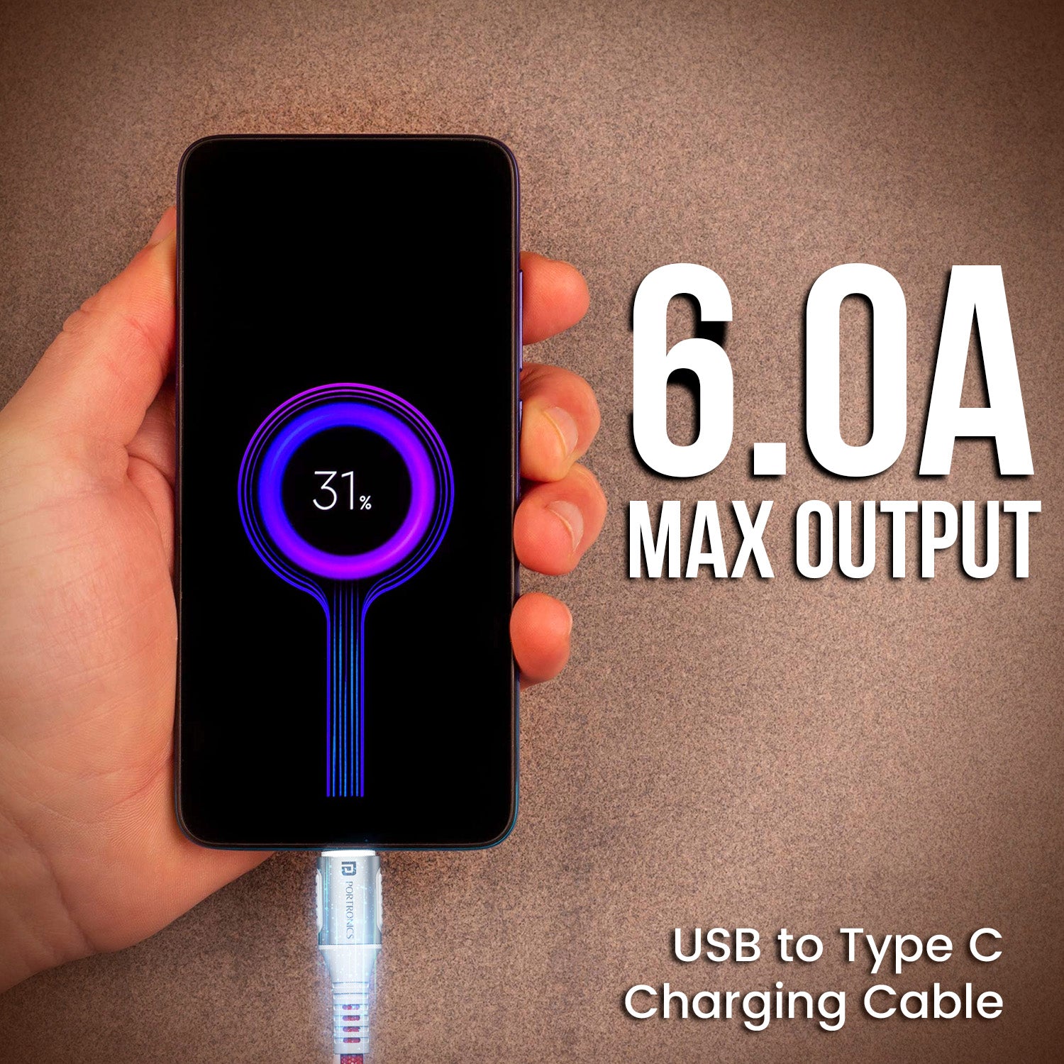 portronics konnect y usb to type-c cable | 6.0a high current fast charging cable with usb cable to type c interface | type c charging cable for mobile android smartphones