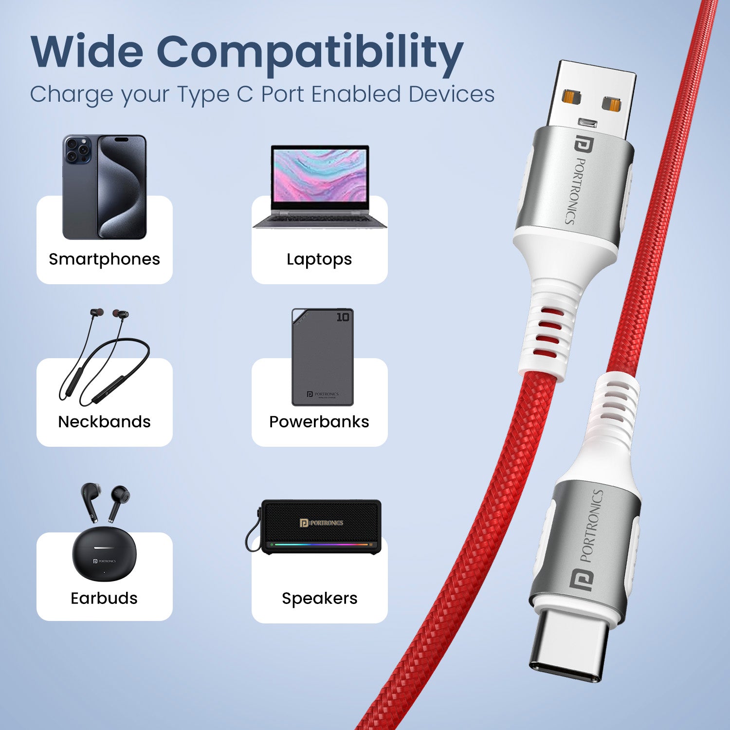 portronics konnect y usb cable to type c | thick internal wiring optimized for 6a current flow | fast charging cable for mobile phones tablets and accessories