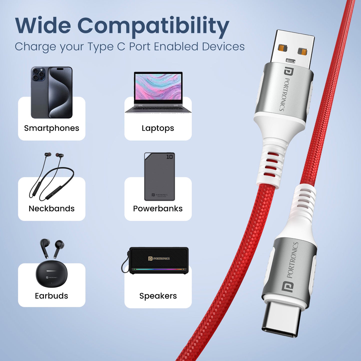 portronics konnect y usb cable to type c | thick internal wiring optimized for 6a current flow | fast charging cable for mobile phones tablets and accessories