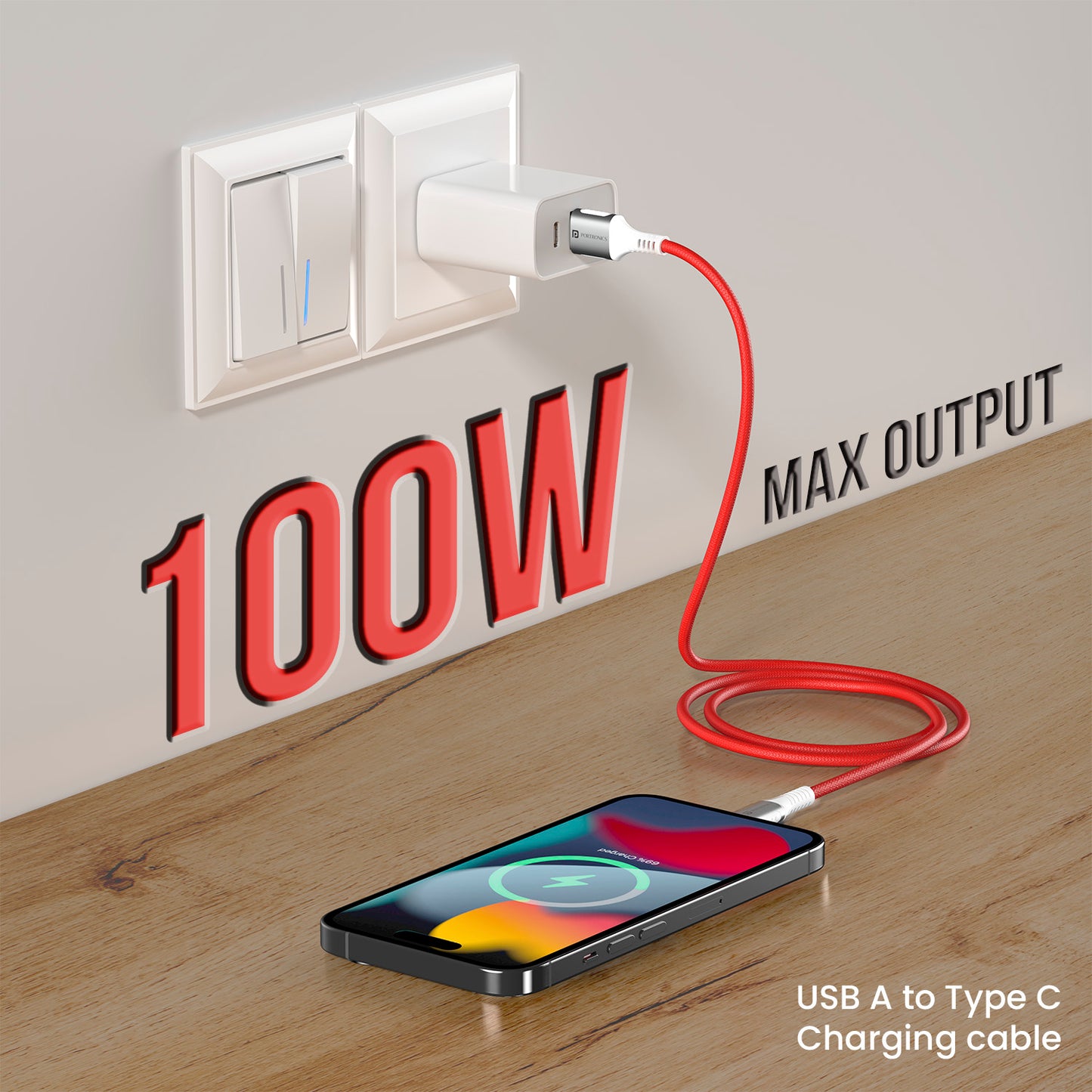 portronics konnect y usb type c cable with 100w max output| aluminum alloy connector shell for improved heat dissipation | charging cable and data cable for type c devices