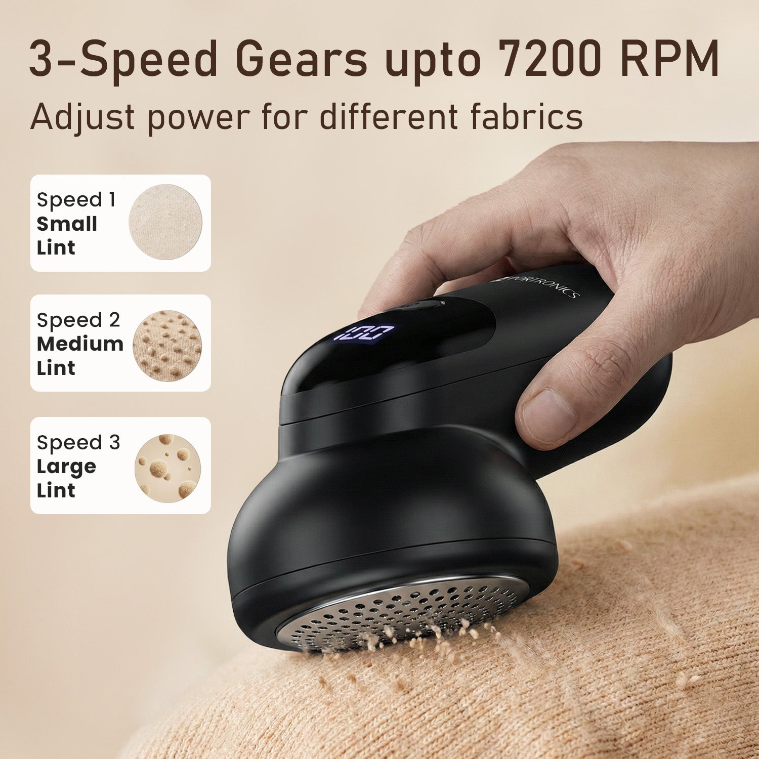portronics lint x rechargeable lint remover | adjustable 3 speed modes up to 7200 rpm | portable fabric shaver for light to heavy lint removal