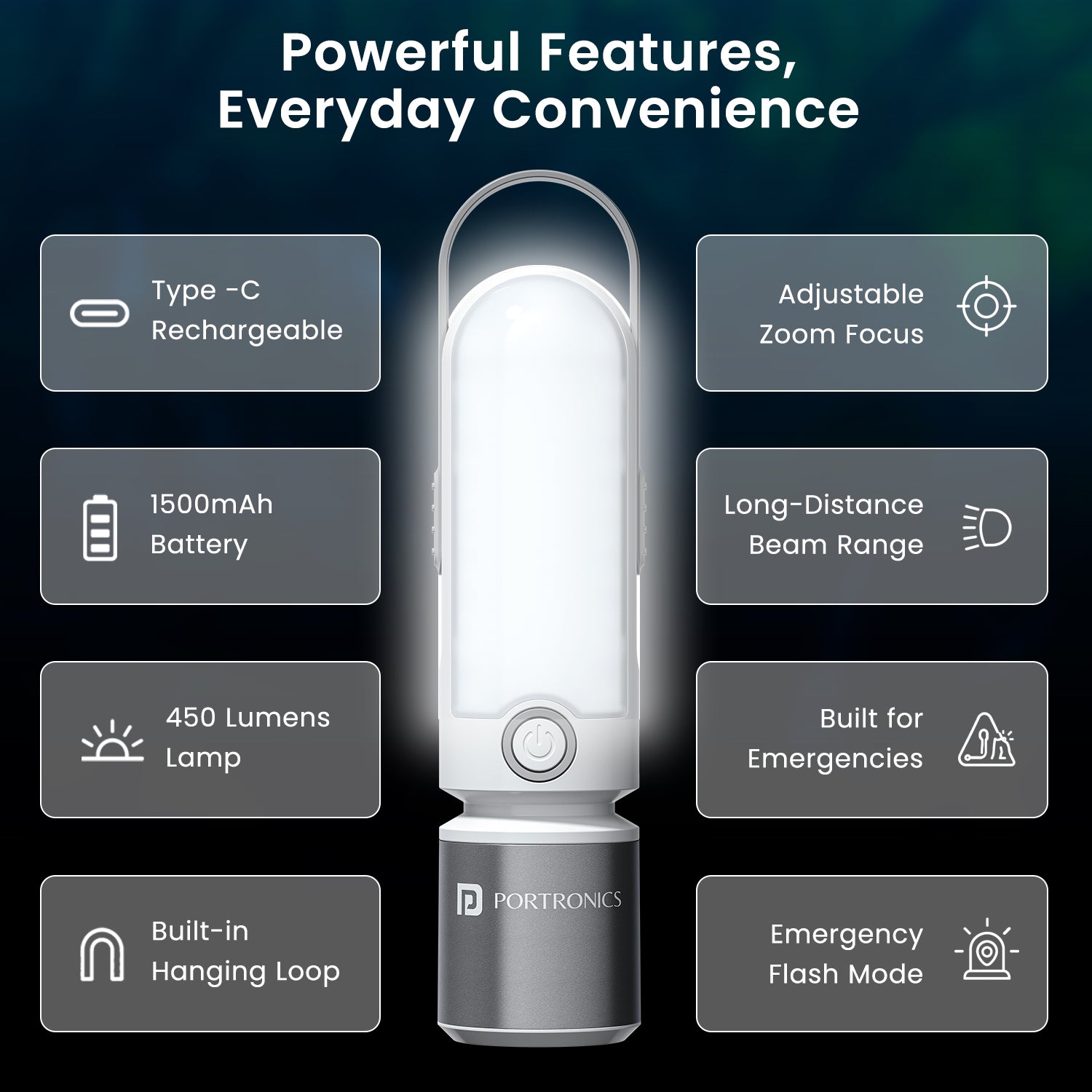 portronics luma 450 lumens bright lamp | comprehensive multi-feature configuration matrix with emergency strobe and dual beam modes emergency light | all-in-one illumination for unexpected utility disruptions and night treks outdoor led lamp | features to look for in a 450 lumens rechargeable led lamp