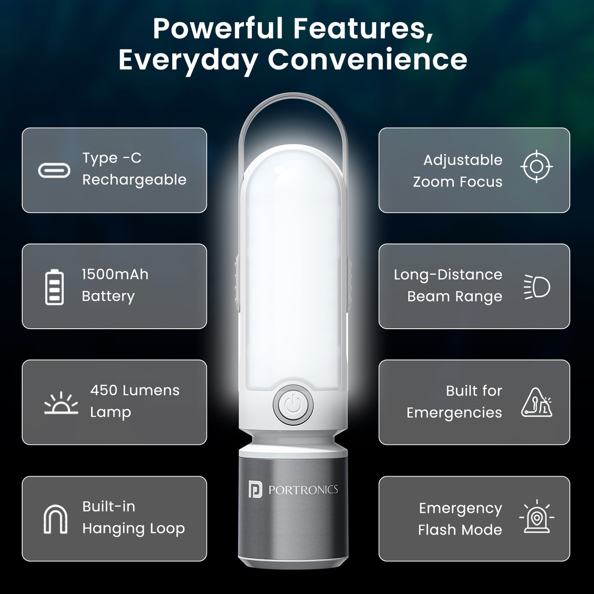 portronics luma 450 lumens bright lamp | comprehensive multi-feature configuration matrix with emergency strobe and dual beam modes emergency light | all-in-one illumination for unexpected utility disruptions and night treks outdoor led lamp | features to look for in a 450 lumens rechargeable led lamp