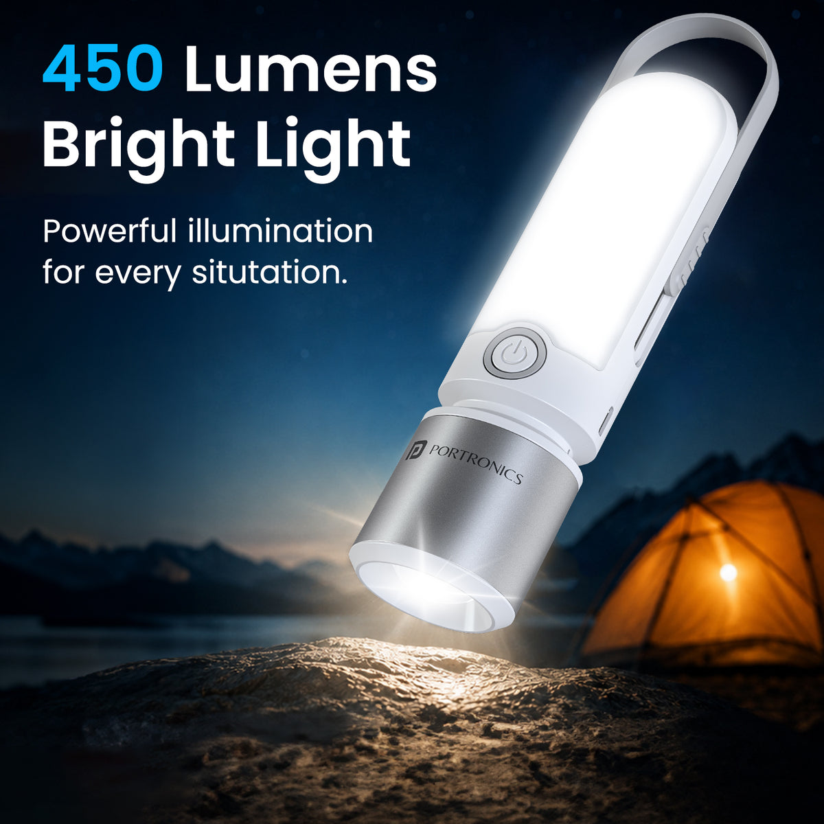 portronics luma led flashlight | high intensity 450 lumens dual output casting broad ambient light and long throw beam bright led lamp | navigating dark wilderness campsites and mountain trails camping light | how powerful is a 450 lumens led flashlight for outdoor camping