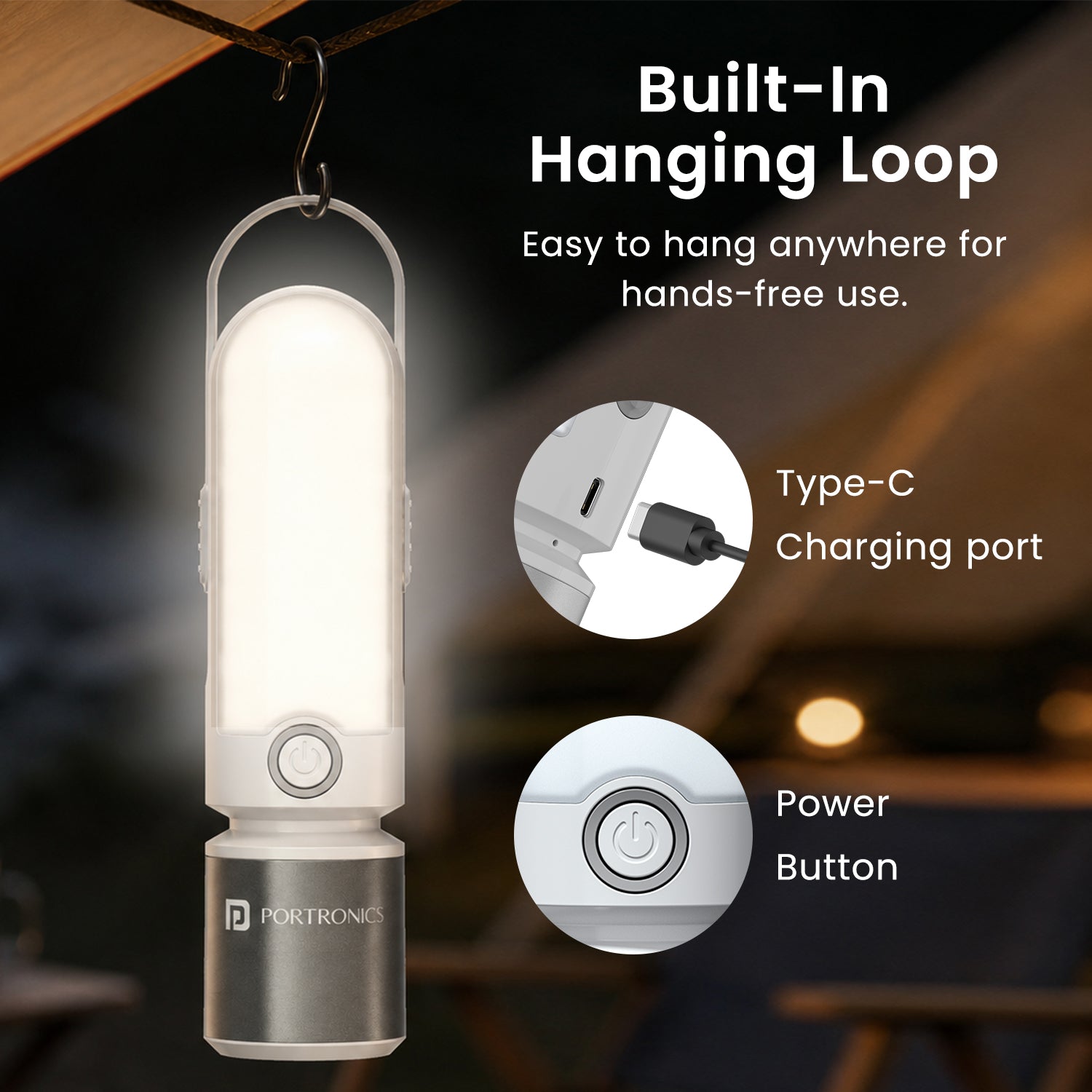portronics luma hanging led lamp | sturdy fold-up suspension loop paired with protected type-c charging input port type-c rechargeable lamp | hands free overhead tent illumination during overnight camping trips camping lamp | best hanging led lamp with type-c charging port for tents