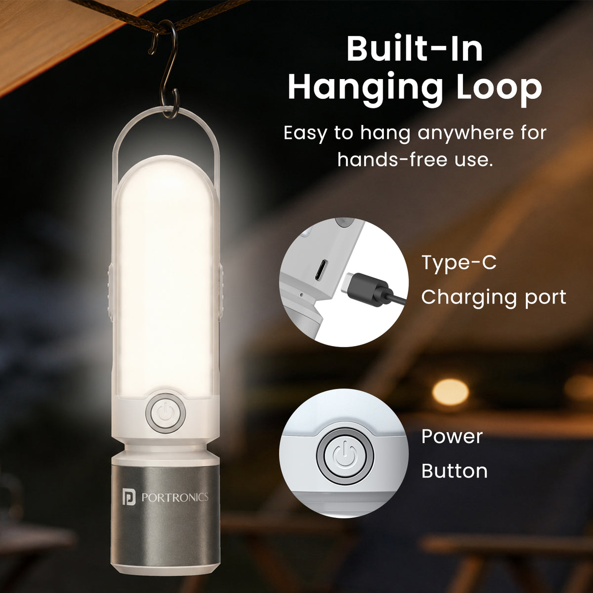 portronics luma hanging led lamp | sturdy fold-up suspension loop paired with protected type-c charging input port type-c rechargeable lamp | hands free overhead tent illumination during overnight camping trips camping lamp | best hanging led lamp with type-c charging port for tents
