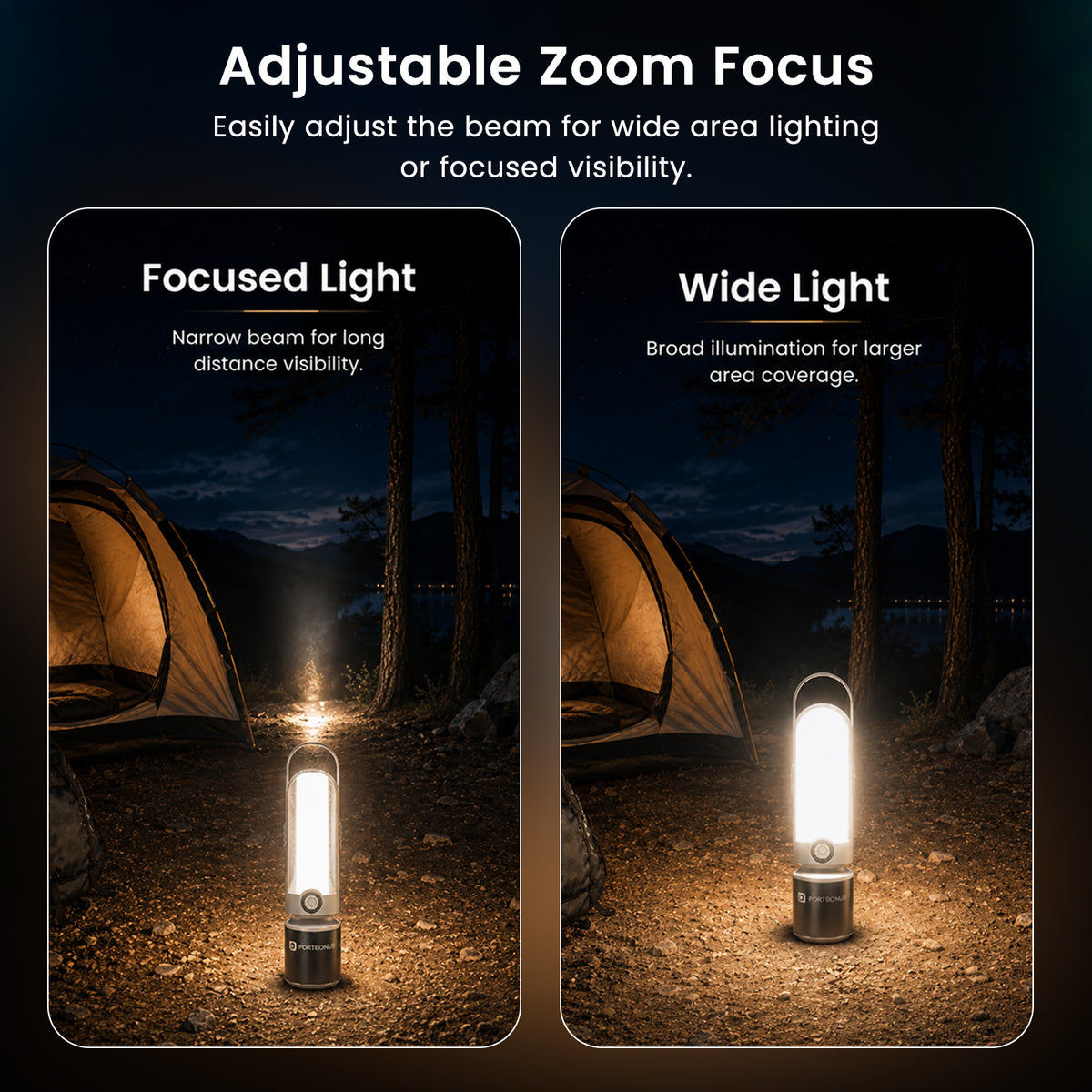 portronics luma telescopic zoom flashlight | sliding optical zoom barrel adjusting between narrow long-distance beam and wide floodlight zoom focus flashlight | spotting distant trail markers or flooding campsite grounds with even light long distance beam flashlight | how to adjust telescopic zoom focus on an led flashlight
