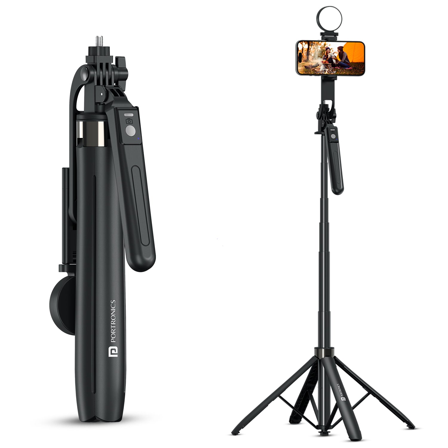 portronics lumistick neo selfie stick tripod with bluetooth remote | dual configuration folded stick and extended quadripod selfie stick with led light | studio photography lighting selfie stick stand | selfie stick tripod stand