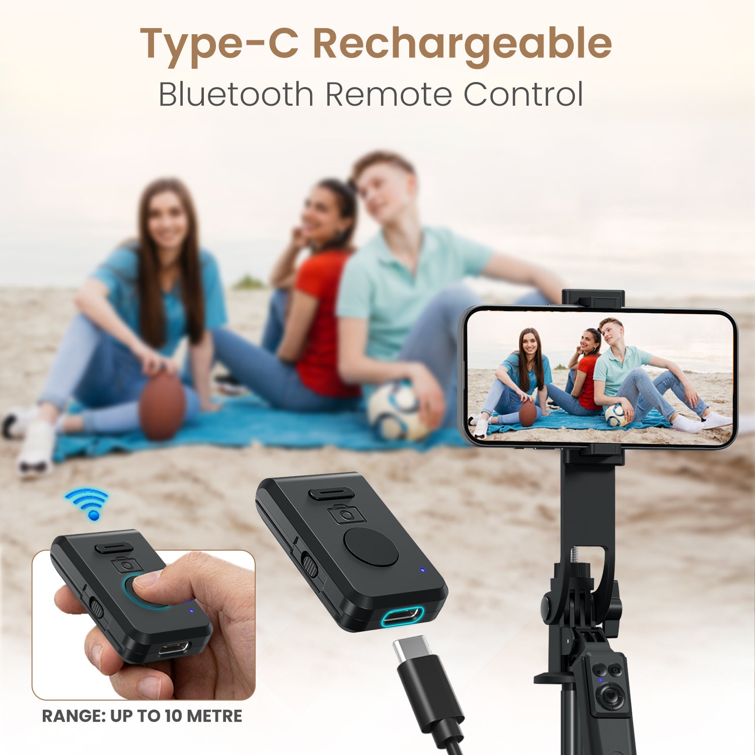 portronics lumistick neo selfie stick with remote | type-c rechargeable bluetooth remote controller rechargeable selfie stick | hands free long distance photography tripod with remote | selfie stick bluetooth