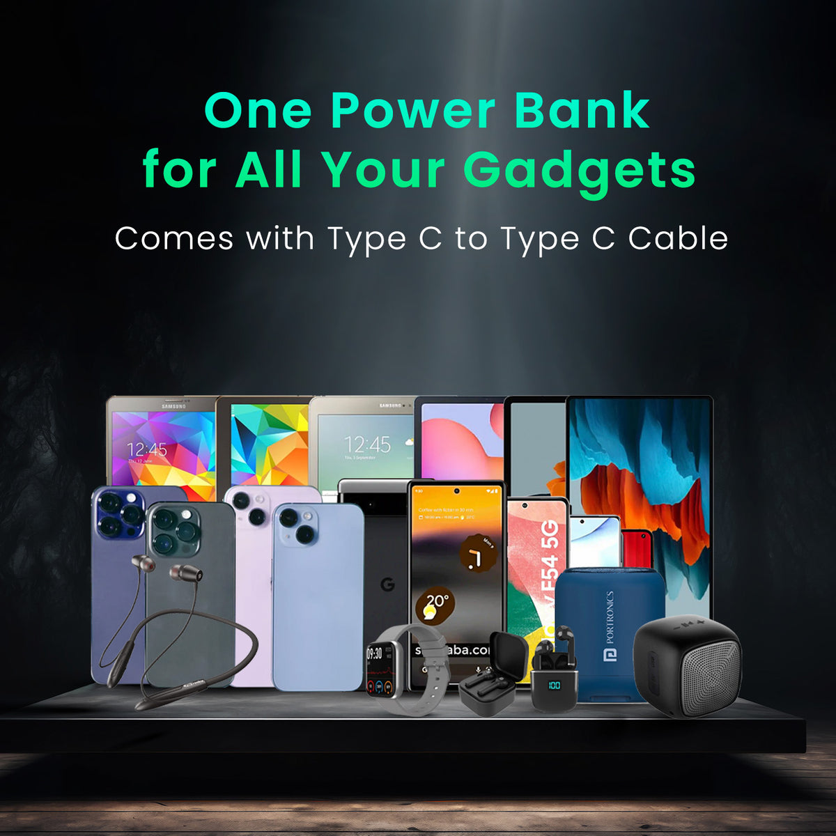 Dark Grey portronics luxcell magclick 10k fast charging power bank | built in durable tangle free connector cord power bank with cables | all in one on the go charging power bank | best power bank with built in cable