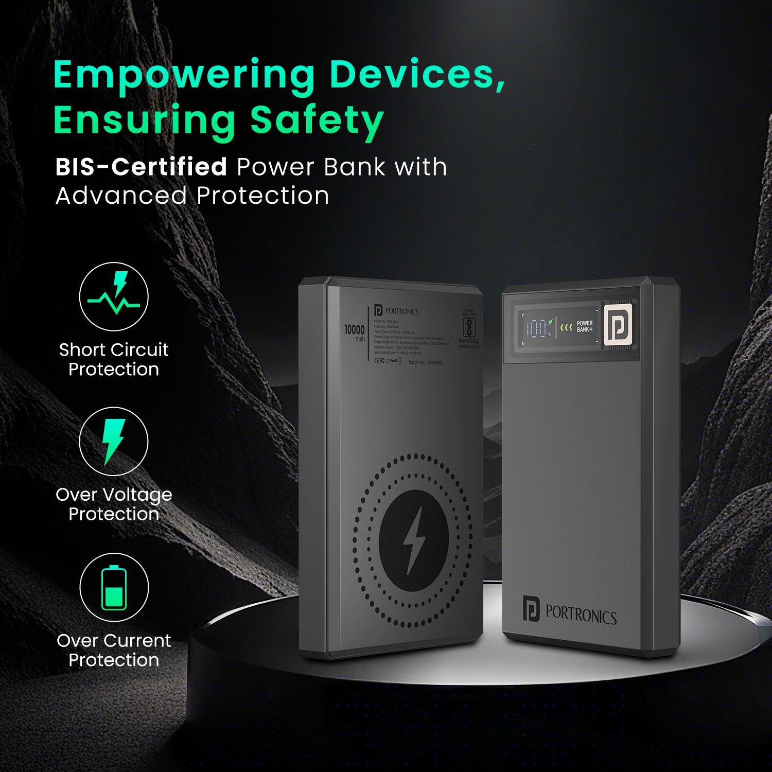 Dark Grey portronics luxcell magclick 10k fast charging power bank | advanced short circuit and overvoltage chip safe power bank | overheating prevention battery safety certified power | bis certified power bank in india