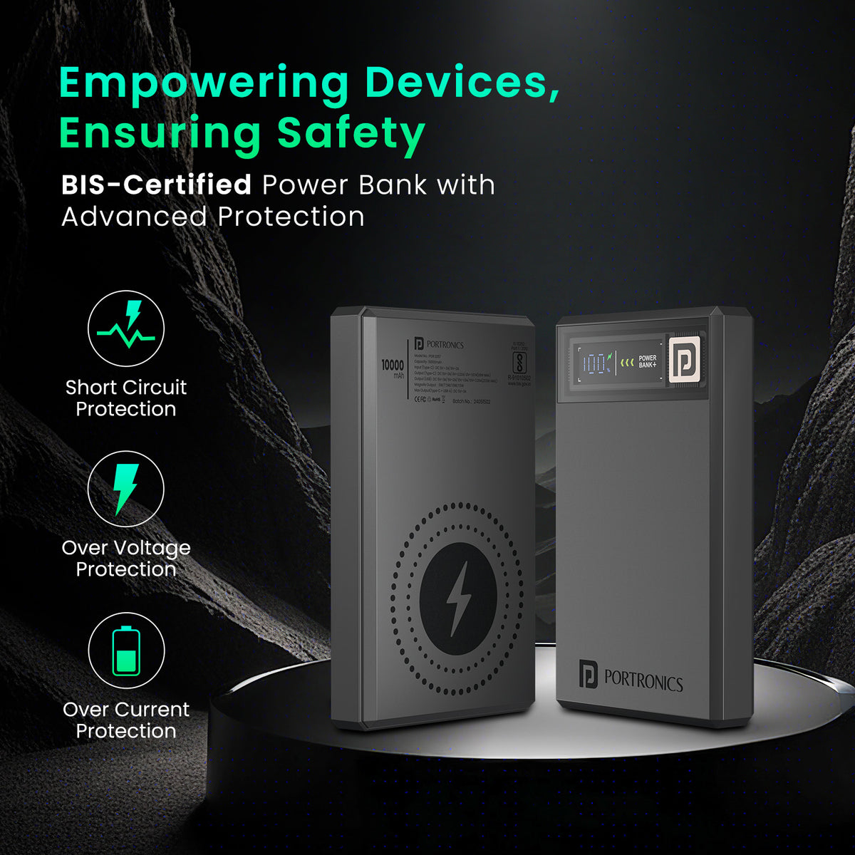 Dark Grey portronics luxcell magclick 10k fast charging power bank | advanced short circuit and overvoltage chip safe power bank | overheating prevention battery safety certified power | bis certified power bank in india