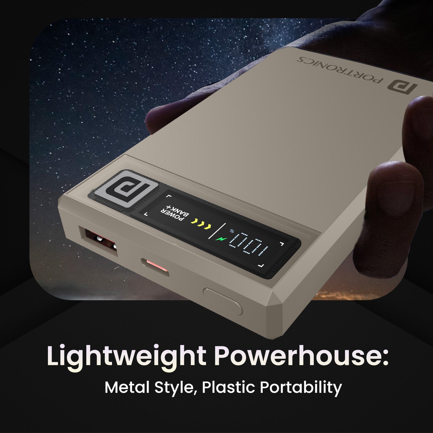 Beige portronics luxcell magclick 10k fast charging power bank | ergonomic palm sized battery enclosure with metallic finish aesthetics compact power bank | easy one hand carrying and mobile power convenience on trips pocket size | lightweight pocket size power bank
