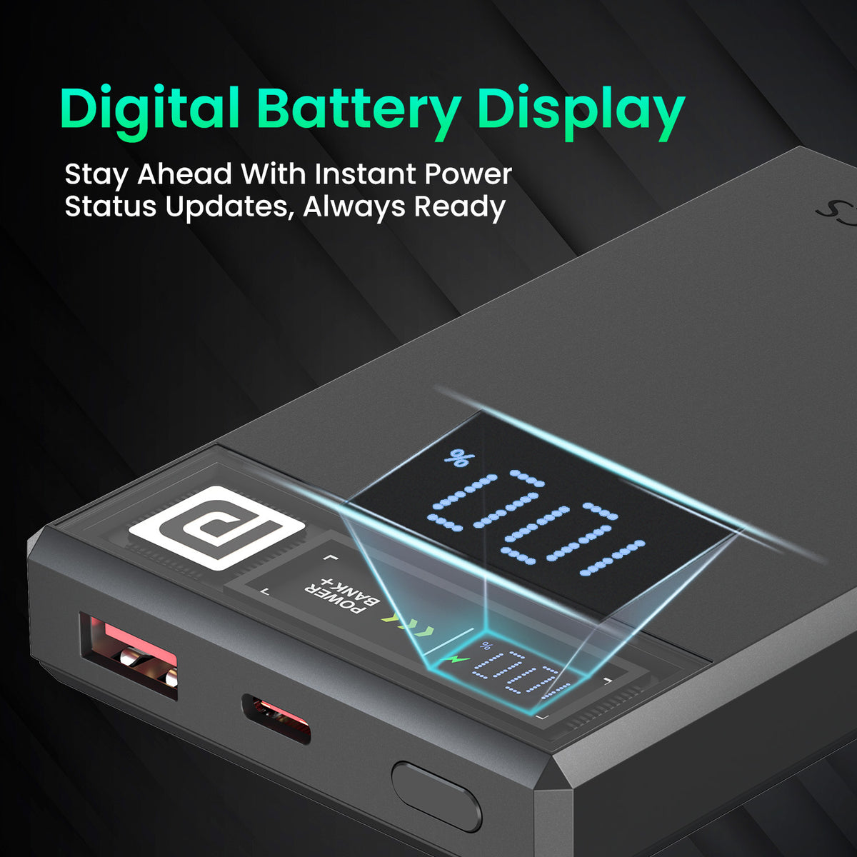 Dark Grey portronics luxcell magclick 10k fast charging power bank | numeric real time battery percentage screen digital power bank | accurate remaining power monitoring bank with | power bank with battery indicator