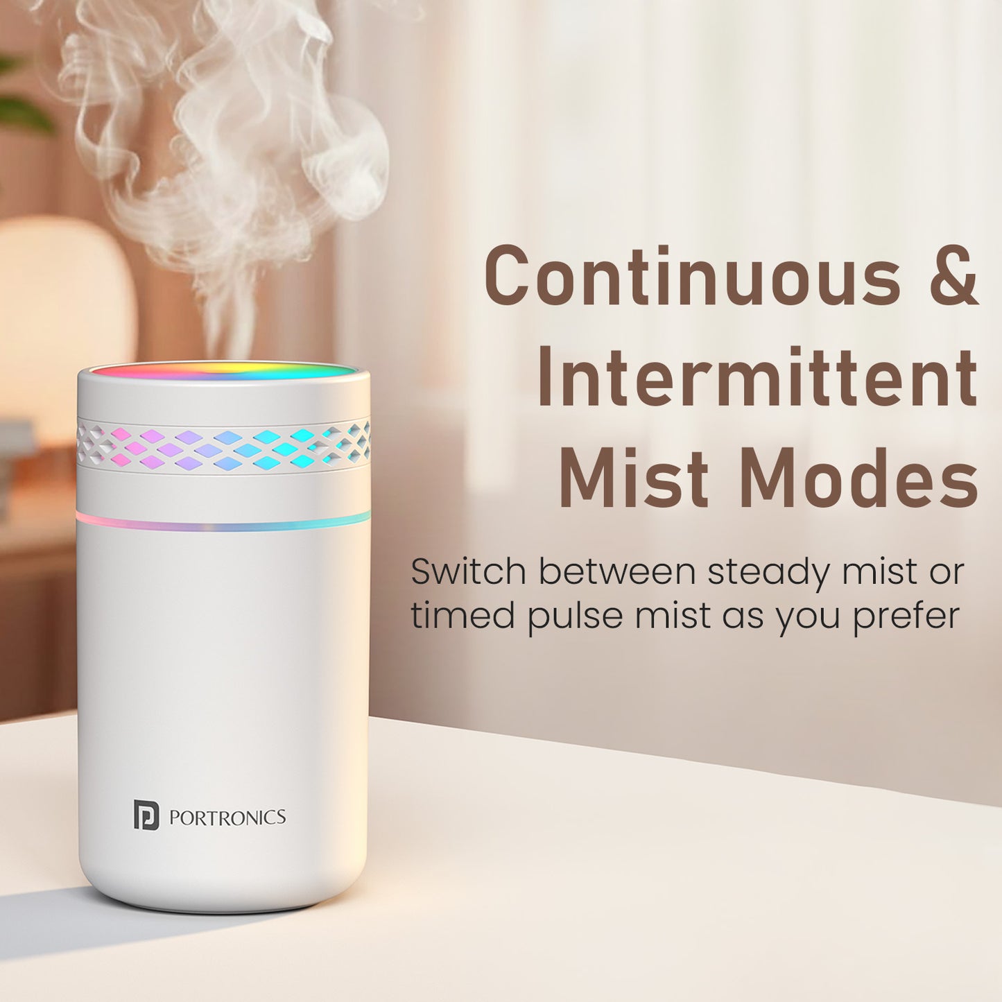 portronics magma lite mist humidifier | cool humidifier with continuous and intermittent mist modes | humidifier for cough relief and dry indoor air comfort