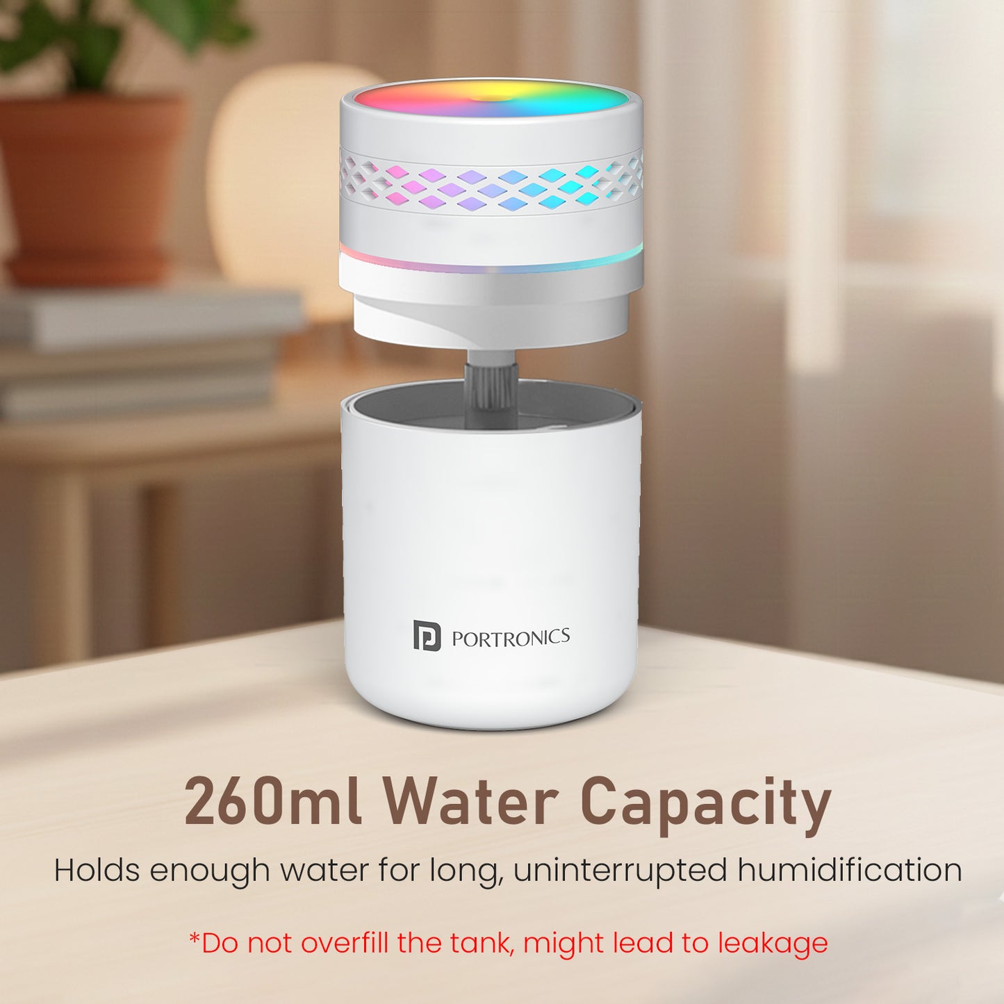 portronics magma lite humidifier | portable 260ml water mist humidifier with calming night lamp | air humidifier for cough dry skin and indoor comfort
