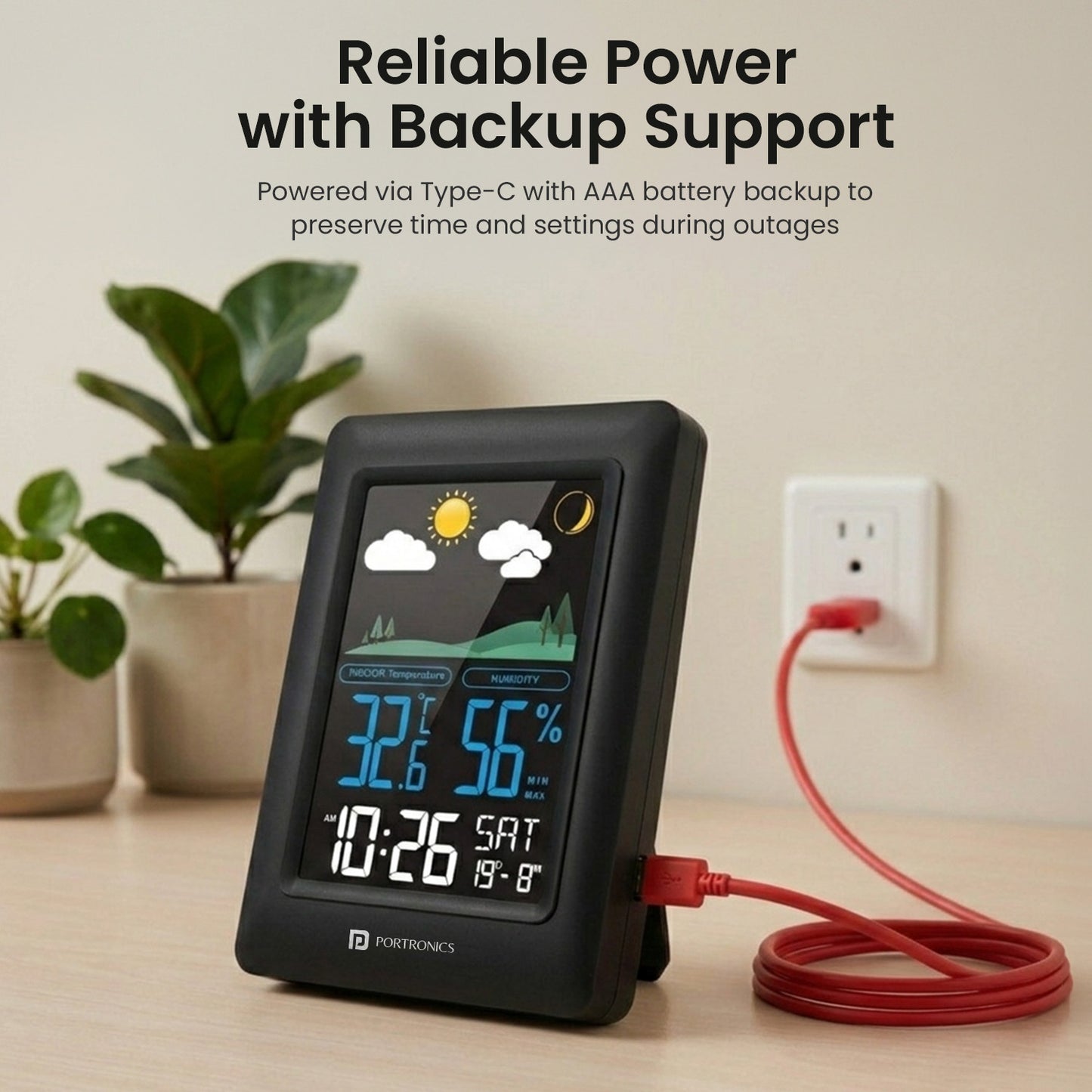 portronics meteo digital indoor weather station | type c powered with aaa backup indoor weather clock | digital indoor digital clock weather station