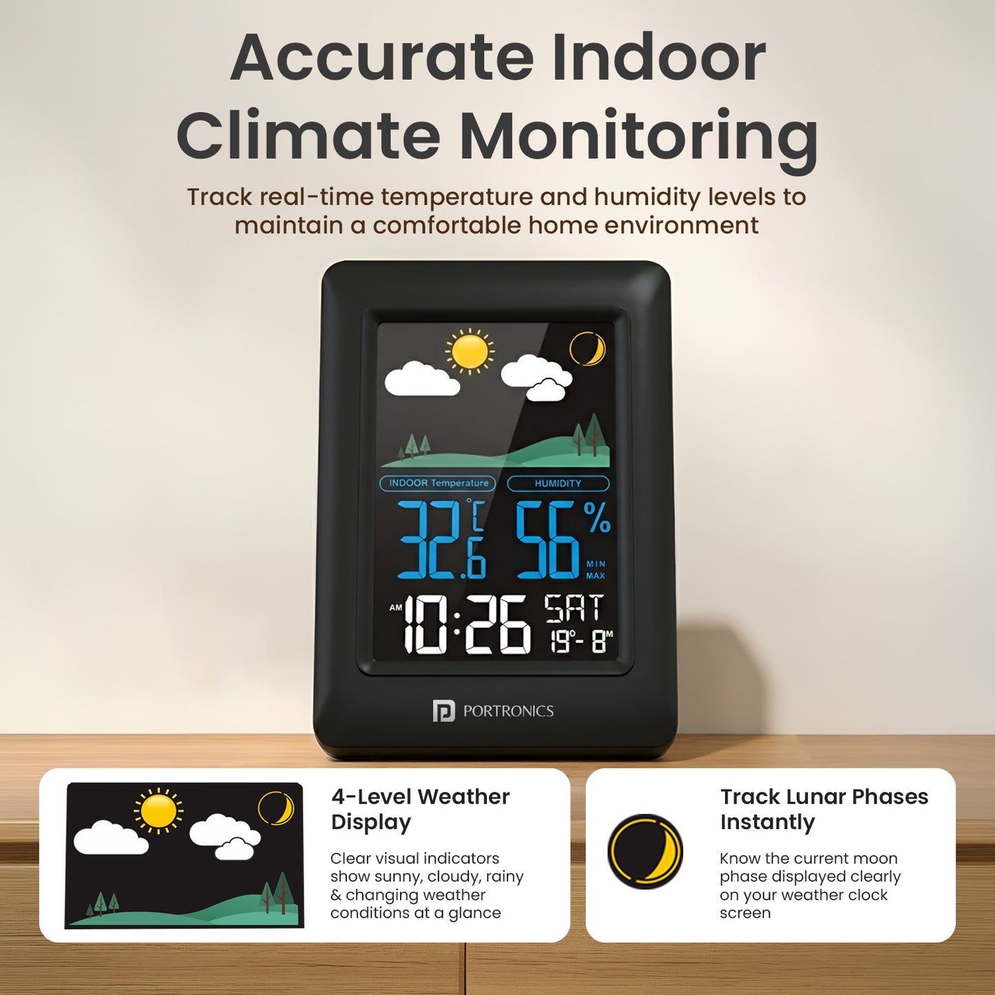 portronics meteo weather clock | digital indoor weather station with alarm snooze lunar phase | digital clock digital weather clock meteo